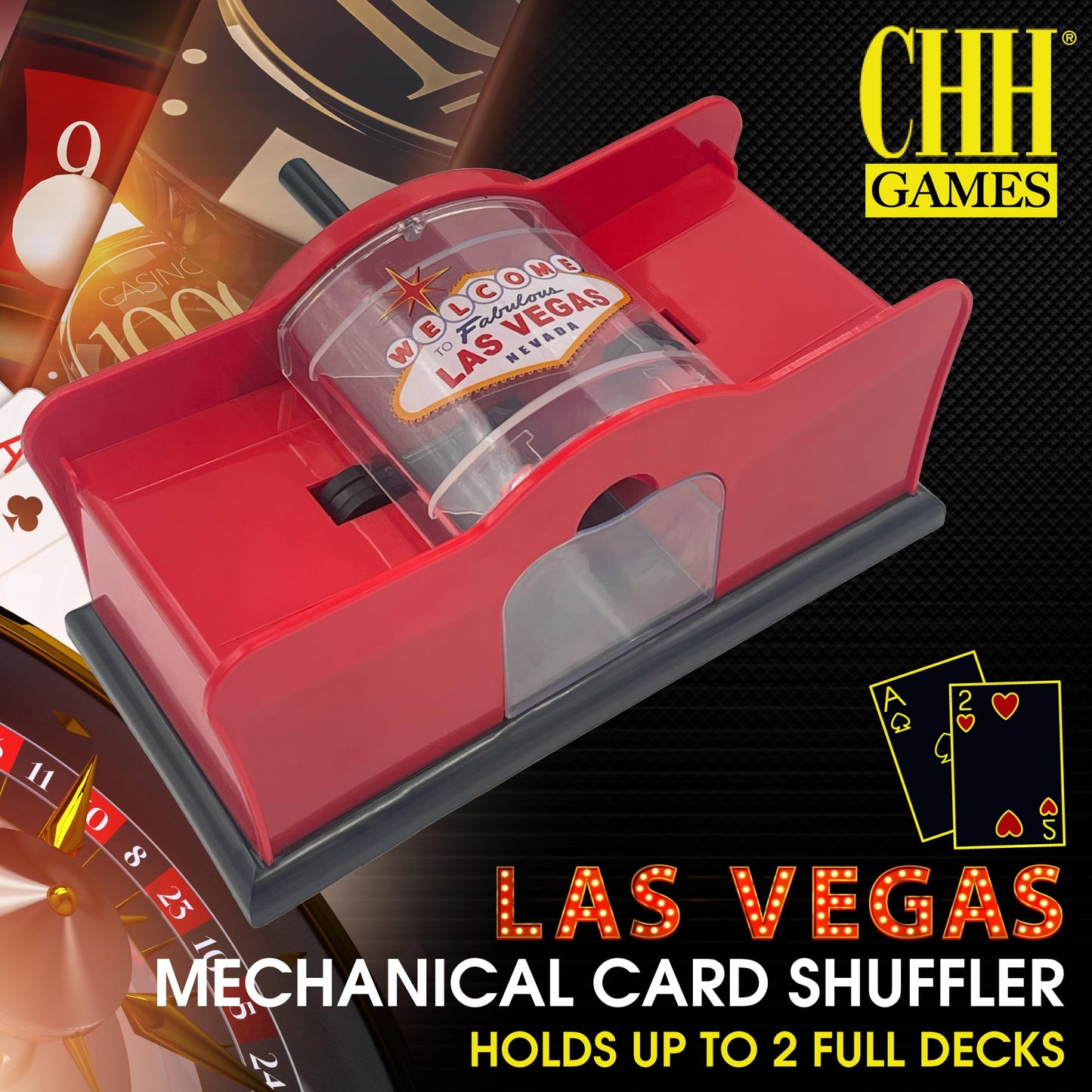 CHH 2-Deck Hand Crank Card Shuffler – Welcome To Las Vegas (Red & Black)