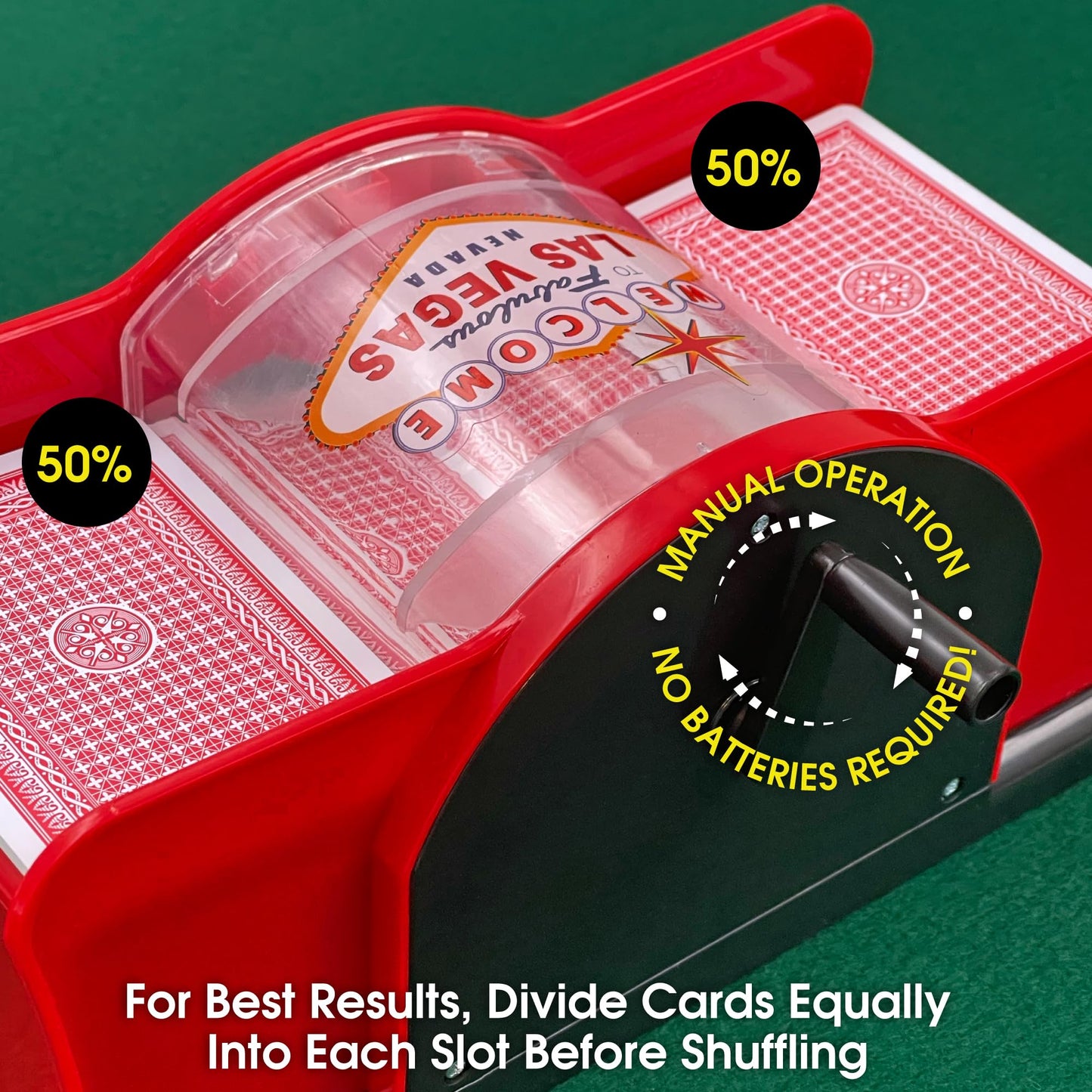 CHH 2-Deck Hand Crank Card Shuffler – Welcome To Las Vegas (Red & Black)