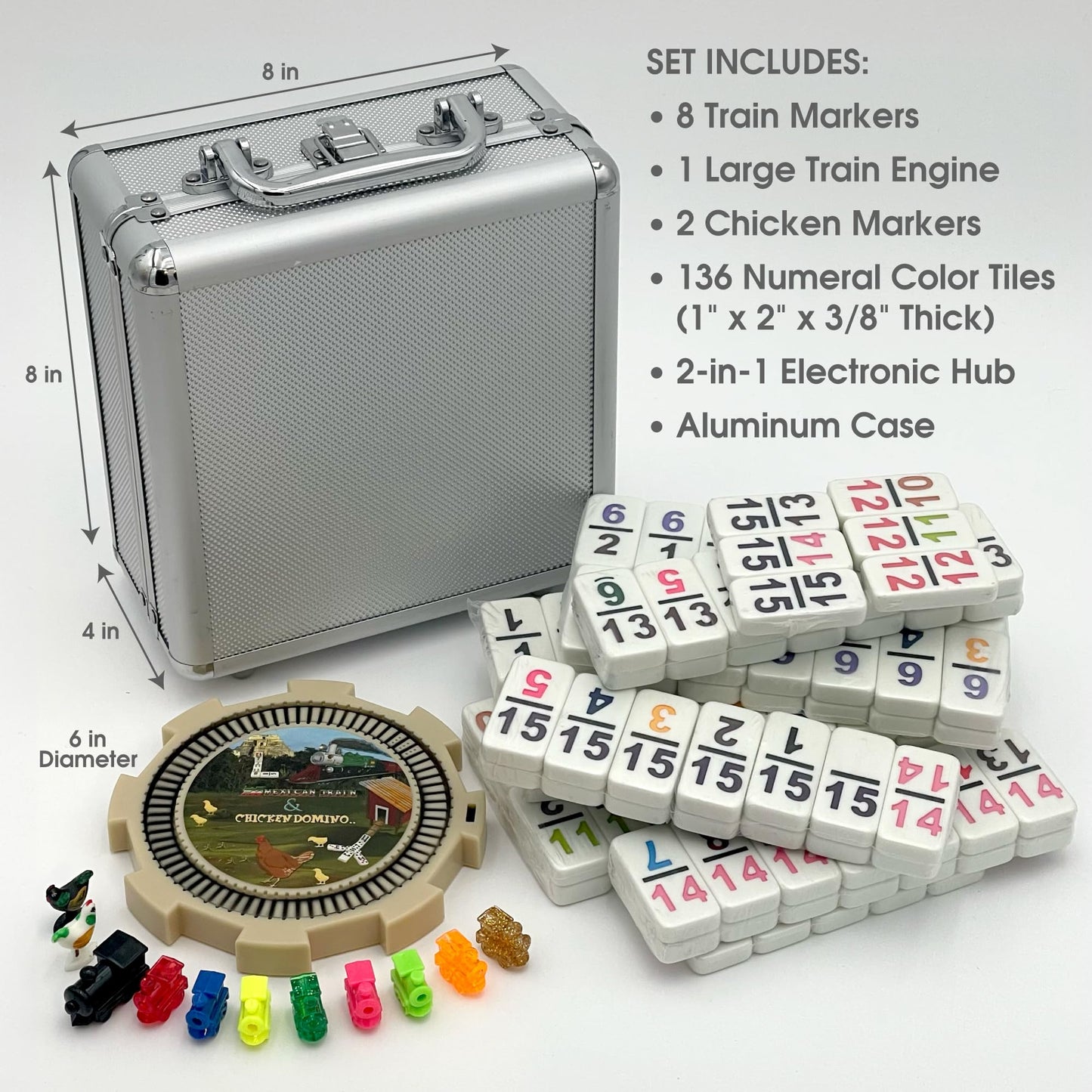 CHH Double 15 Numeral Pro Size Mexican Train & Chicken Domino Set – Aluminum Case, 136 Multicolor Tiles