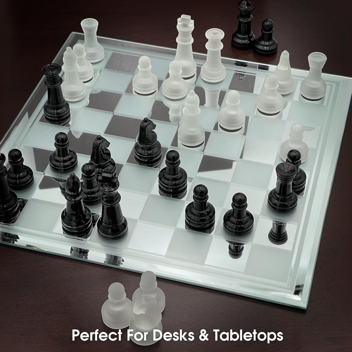 CHH Avant-Garde Black Frosted Glass Chess Set with Mirror Board