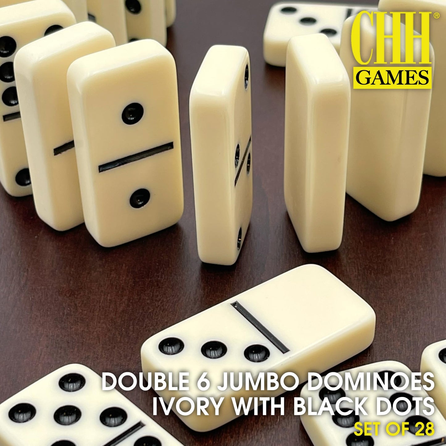 CHH Black/Cream Double 6 Jumbo Domino Tiles – 28 Ivory Dominoes in Cardboard Box