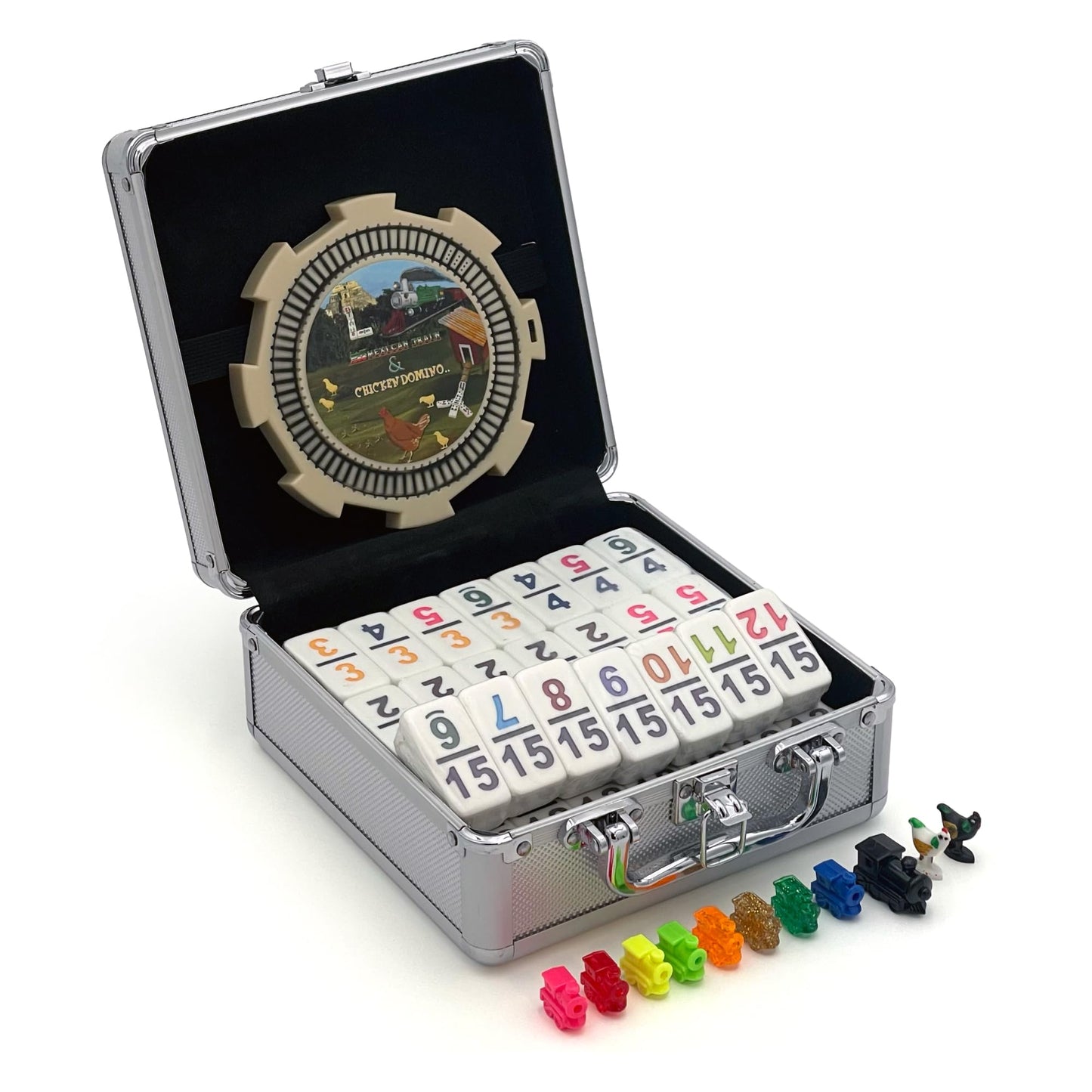 CHH Double 15 Numeral Pro Size Mexican Train & Chicken Domino Set – Aluminum Case, 136 Multicolor Tiles