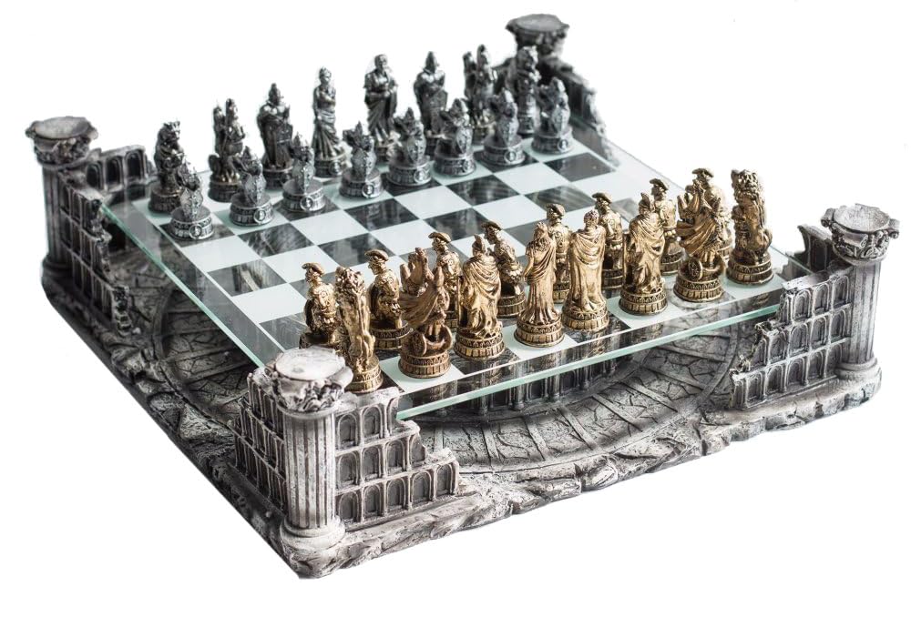 CHH Roman Gladiators 3D Chess Set – Pewter Figures on Glass Coliseum Board