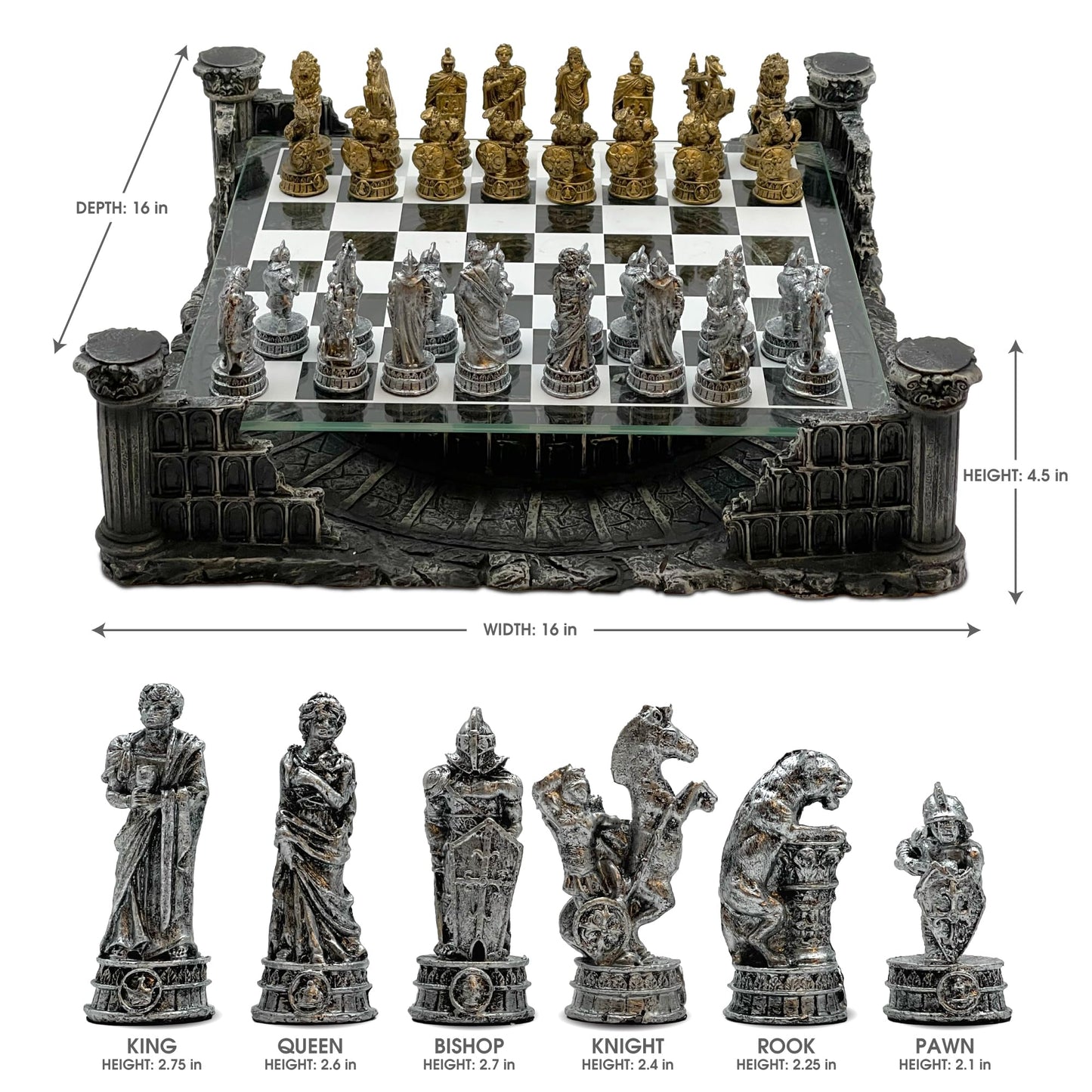 CHH Roman Gladiators 3D Chess Set – Pewter Figures on Glass Coliseum Board