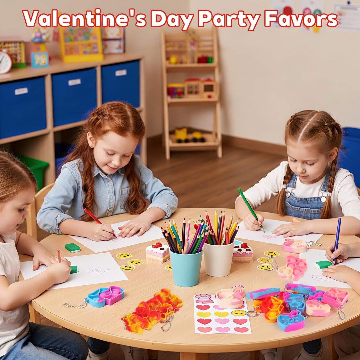 CHHOEAV 24 Pack Valentines Day Pop Keychains with Matching Cards – Classroom Party Favors