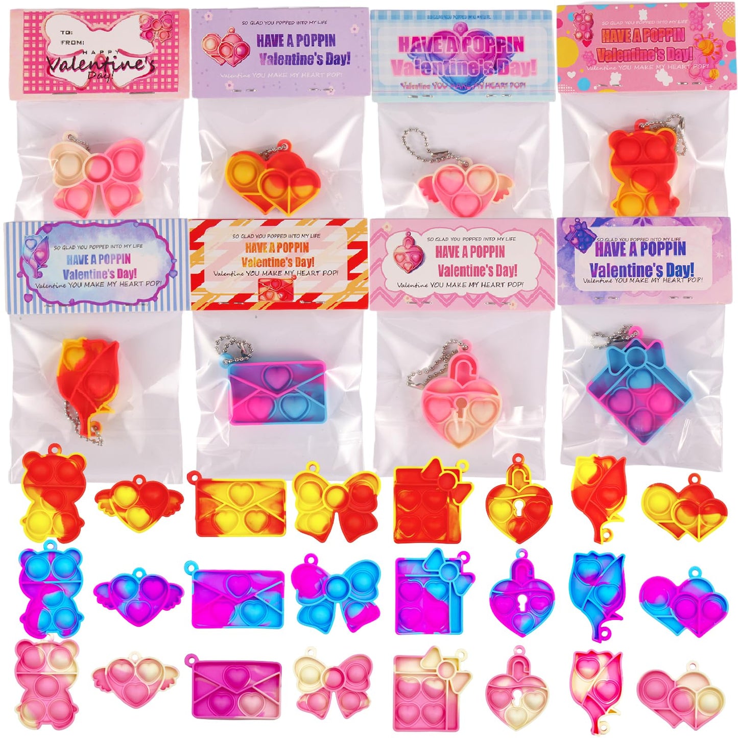 CHHOEAV 24 Pack Valentines Day Pop Keychains with Matching Cards – Classroom Party Favors