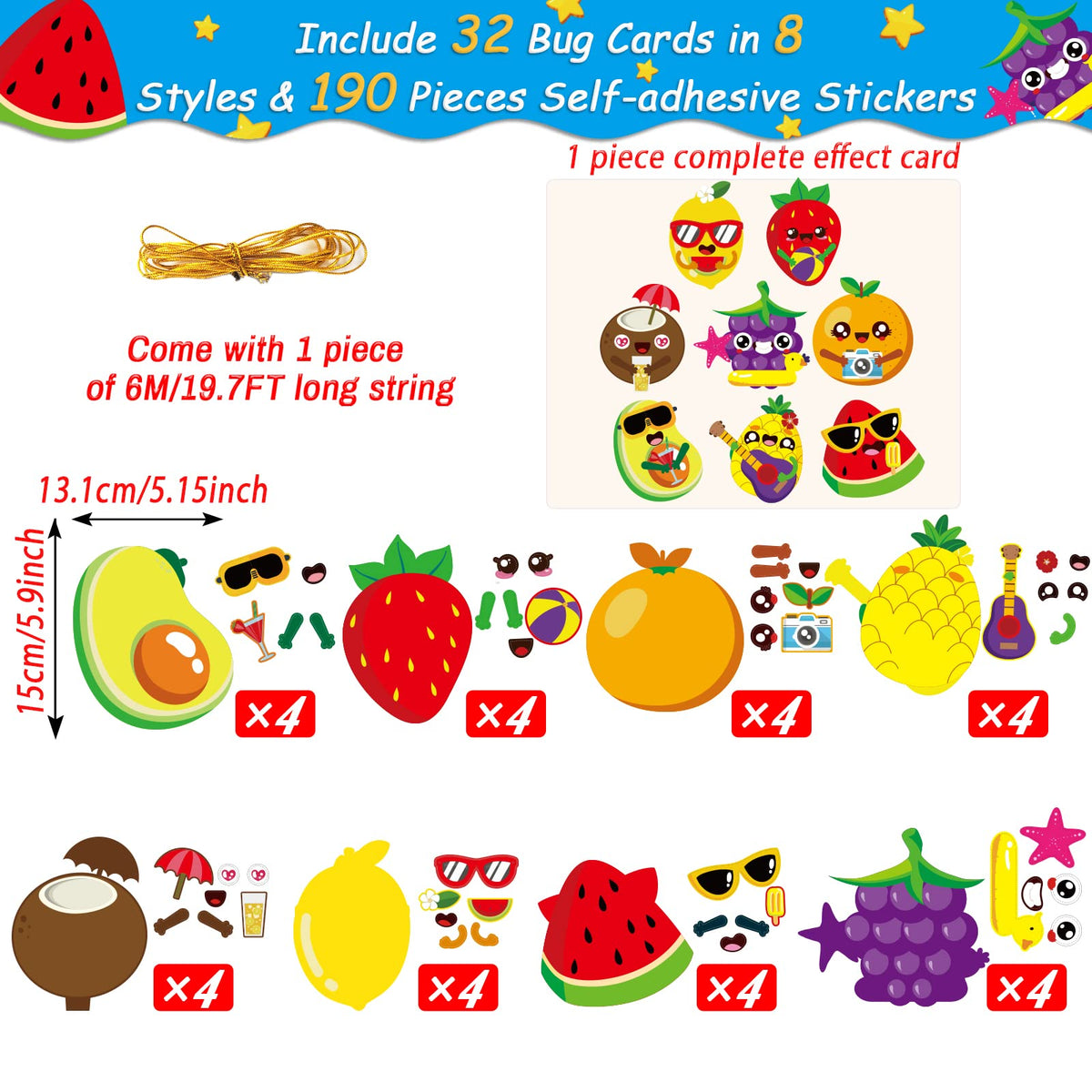 Chiazllta 32-Pack Summer Fruit Craft Kits for Kids – DIY Sticker Art