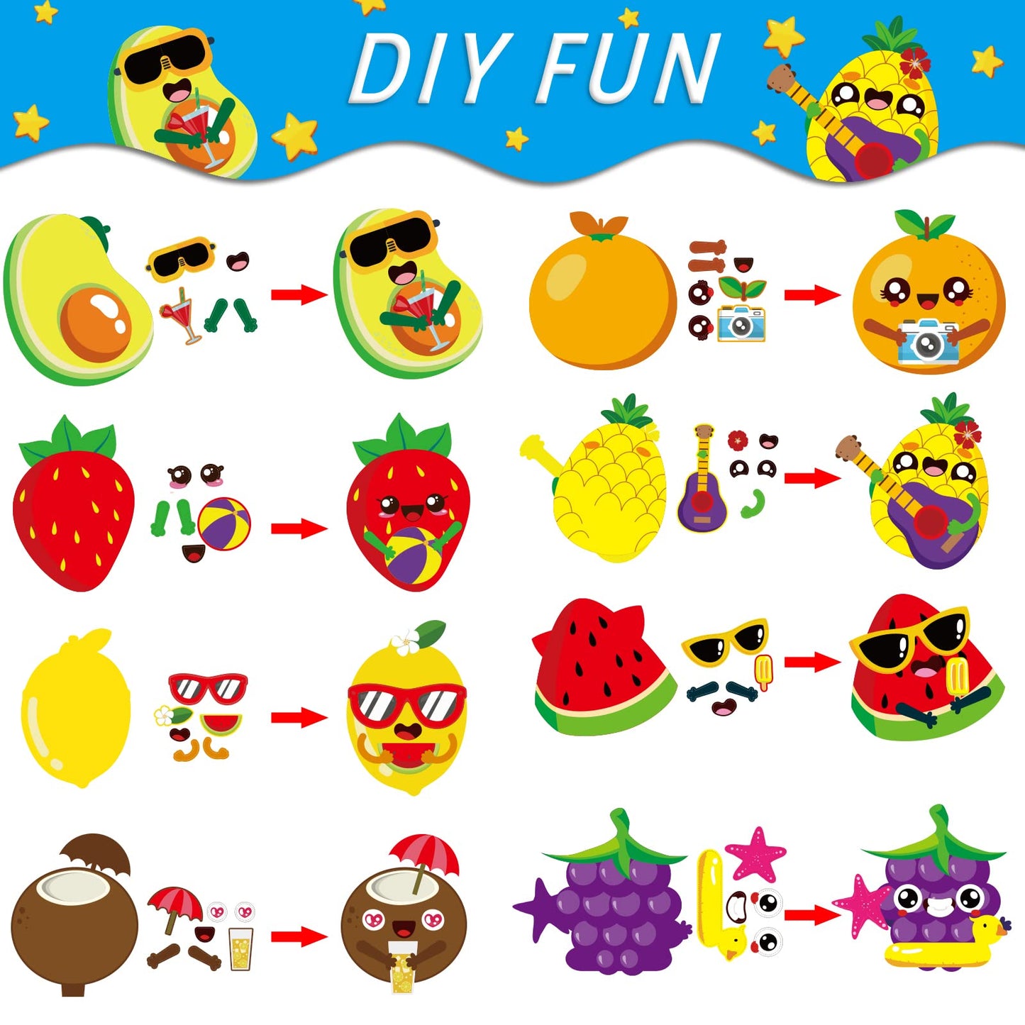 Chiazllta 32-Pack Summer Fruit Craft Kits for Kids – DIY Sticker Art