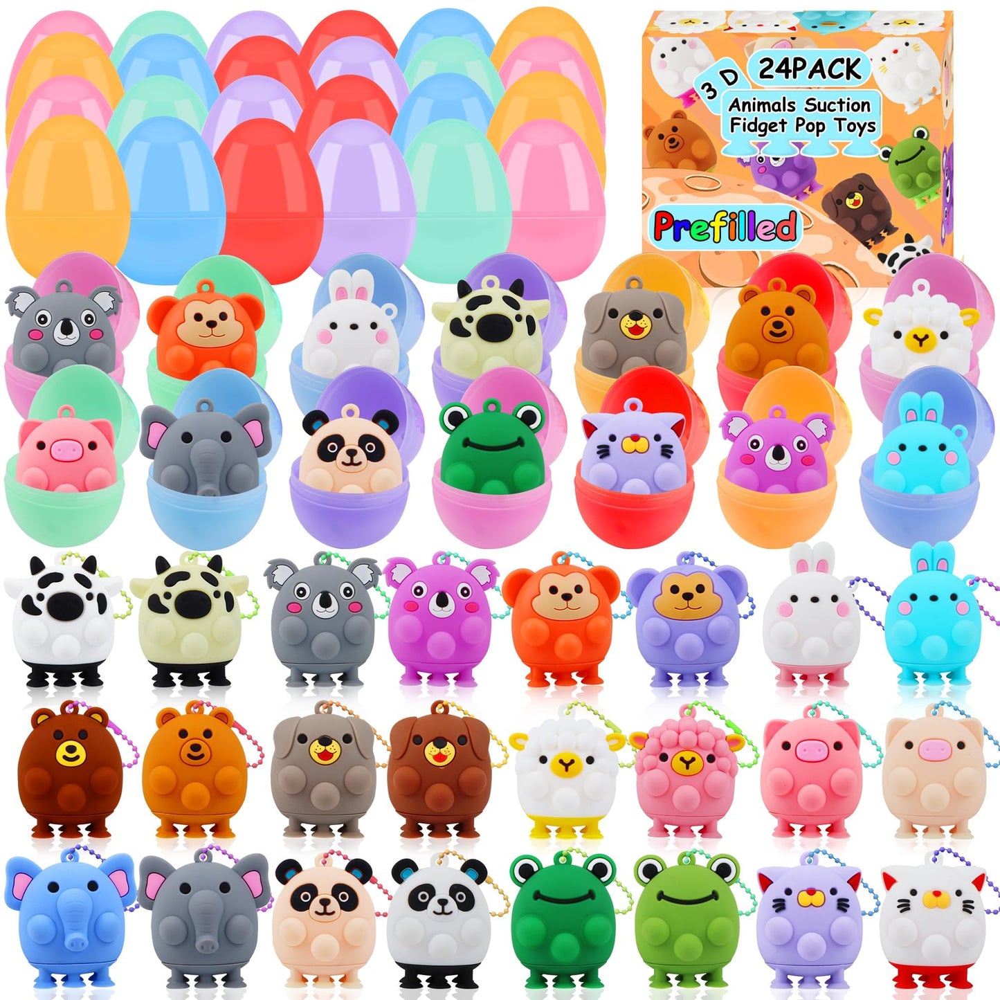ChildFun 24 Pack Prefilled Easter Eggs with Animal Pop Toys | Easter Basket Stuffers & Egg Hunt Prizes