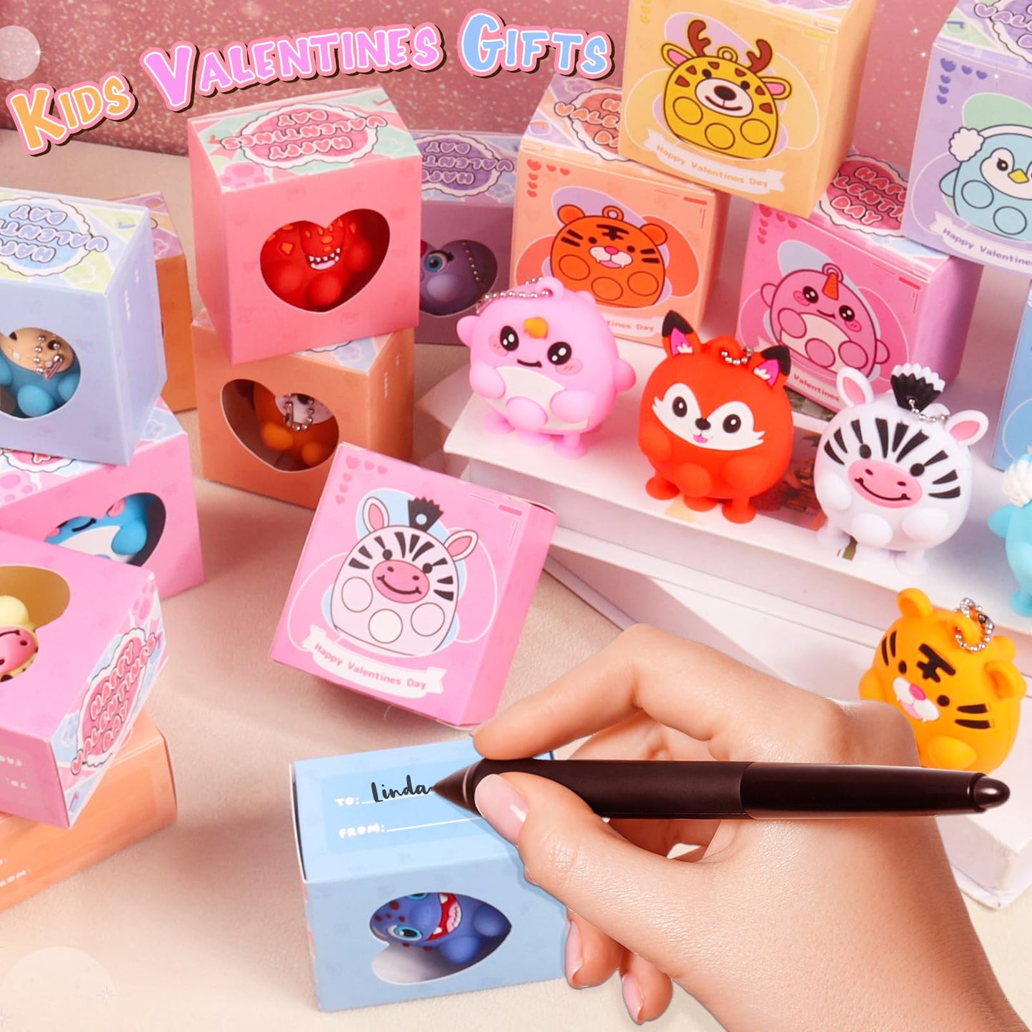 ChildFun Valentines Day Gifts for Kids – 24-Piece Prefilled 3D Animal Suction Toys Box