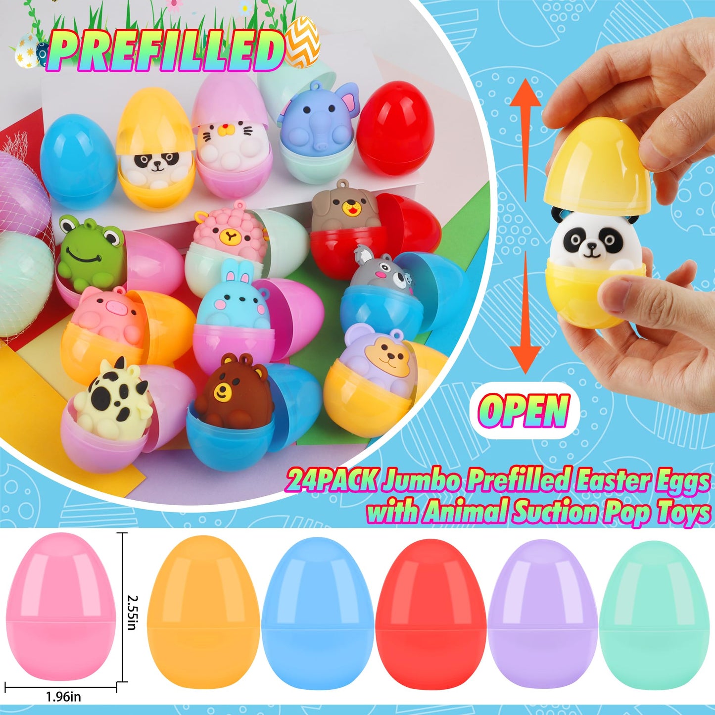 ChildFun 24 Pack Prefilled Easter Eggs with Animal Pop Toys | Easter Basket Stuffers & Egg Hunt Prizes
