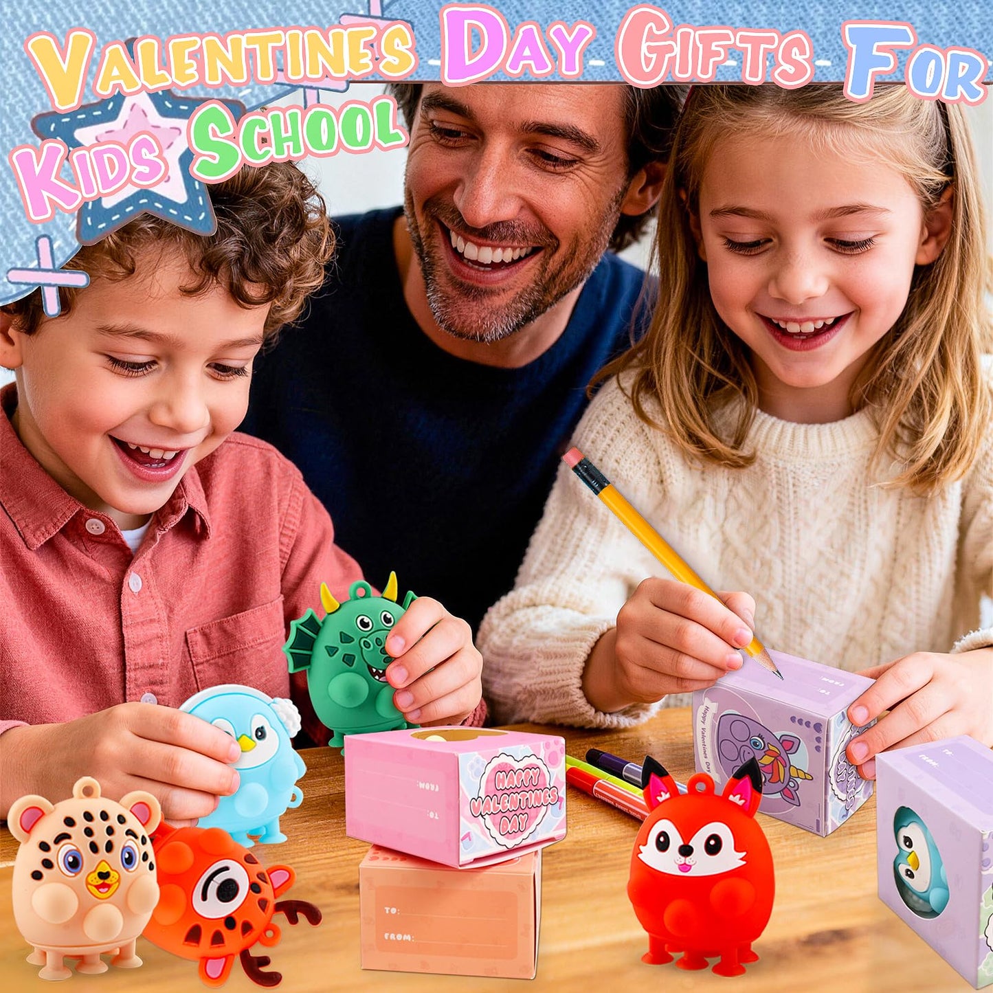 ChildFun Valentines Day Gifts for Kids – 24-Piece Prefilled 3D Animal Suction Toys Box