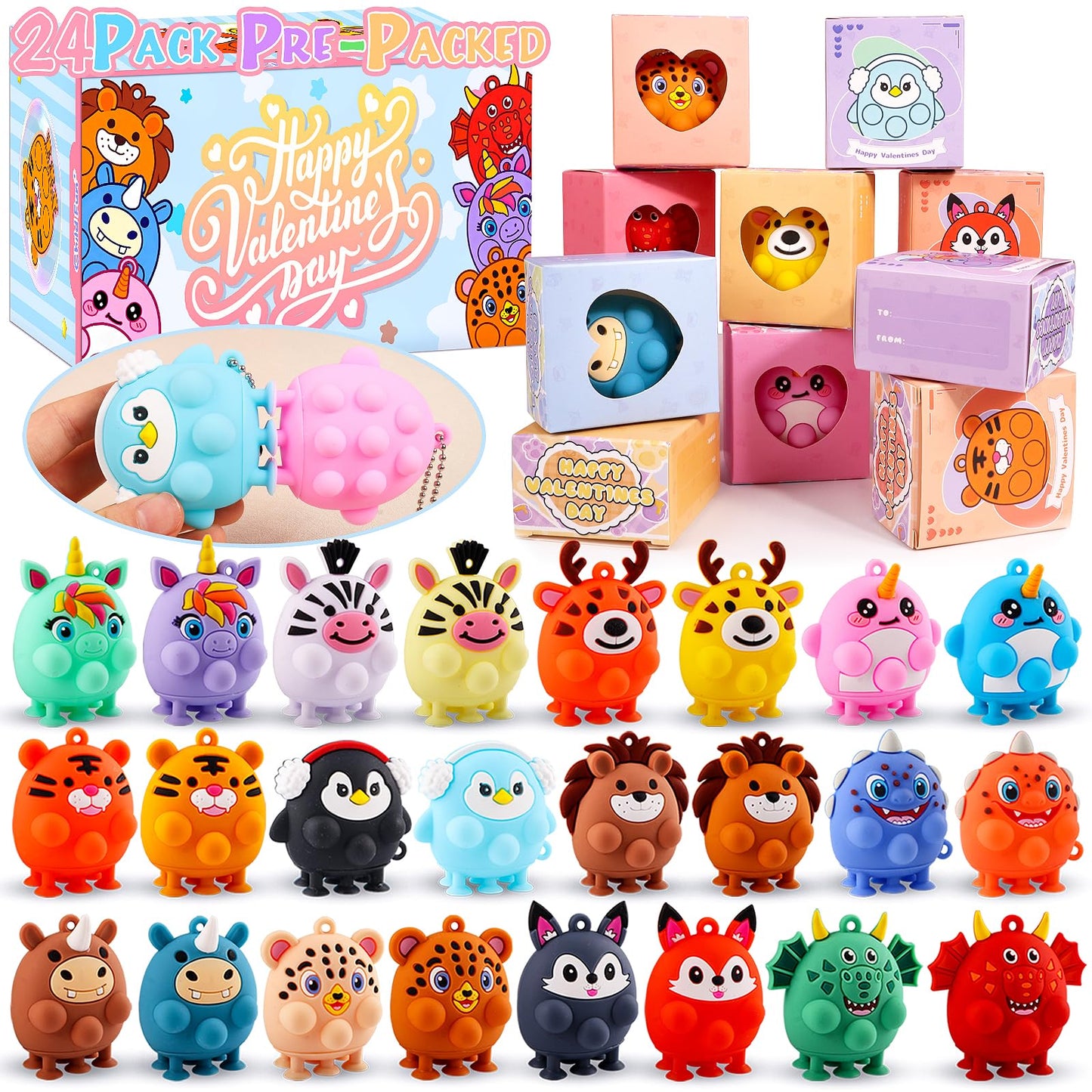 ChildFun Valentines Day Gifts for Kids – 24-Piece Prefilled 3D Animal Suction Toys Box