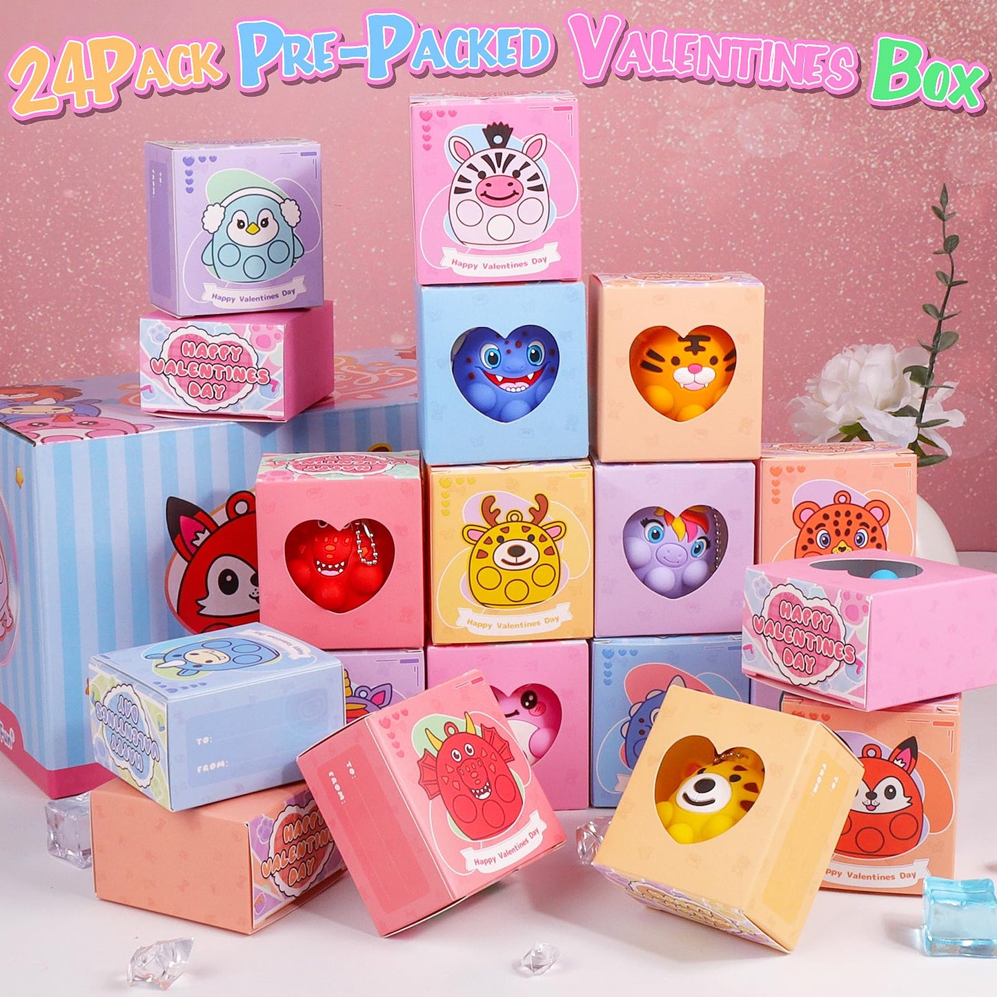 ChildFun Valentines Day Gifts for Kids – 24-Piece Prefilled 3D Animal Suction Toys Box
