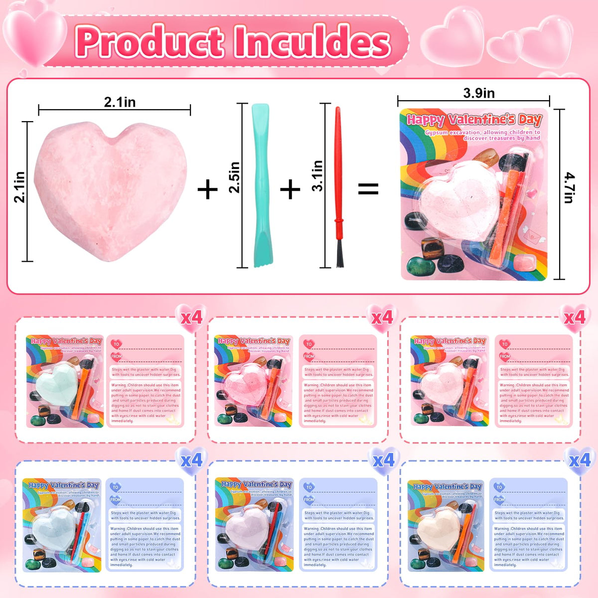 CHILDGO 24-Pack Valentines Gemstones Dig Kit for Kids – Gem Excavation & Cards