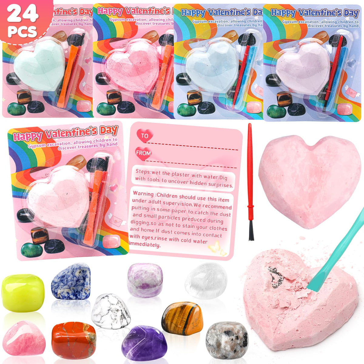 CHILDGO 24-Pack Valentines Gemstones Dig Kit for Kids – Gem Excavation & Cards