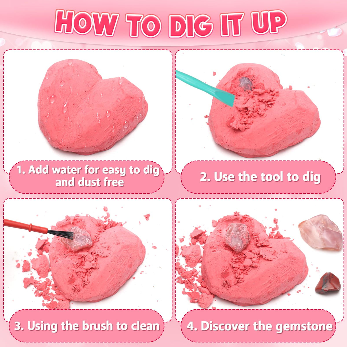 CHILDGO 24-Pack Valentines Gemstones Dig Kit for Kids – Gem Excavation & Cards