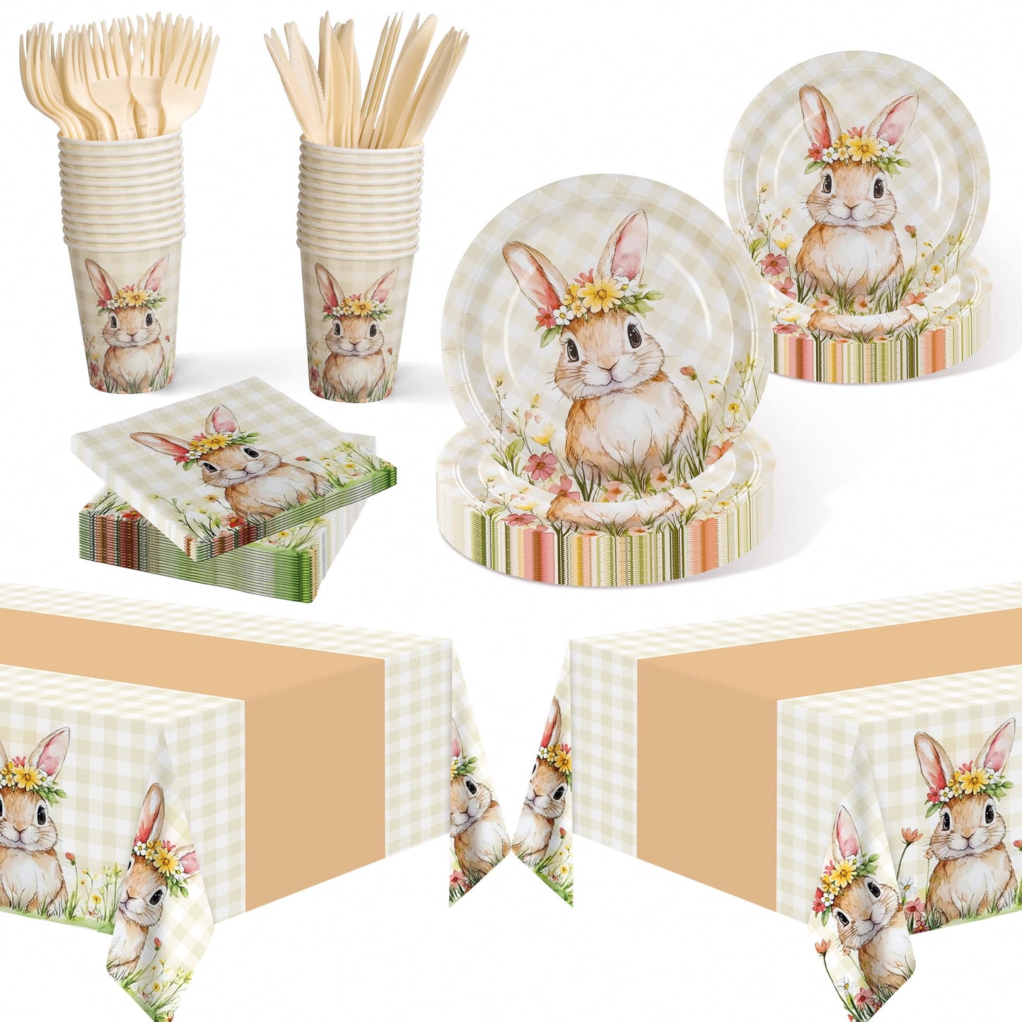 Childom Easter Party Supplies - 147 Pcs Bunny Themed Disposable Dinnerware Set with Tablecloths
