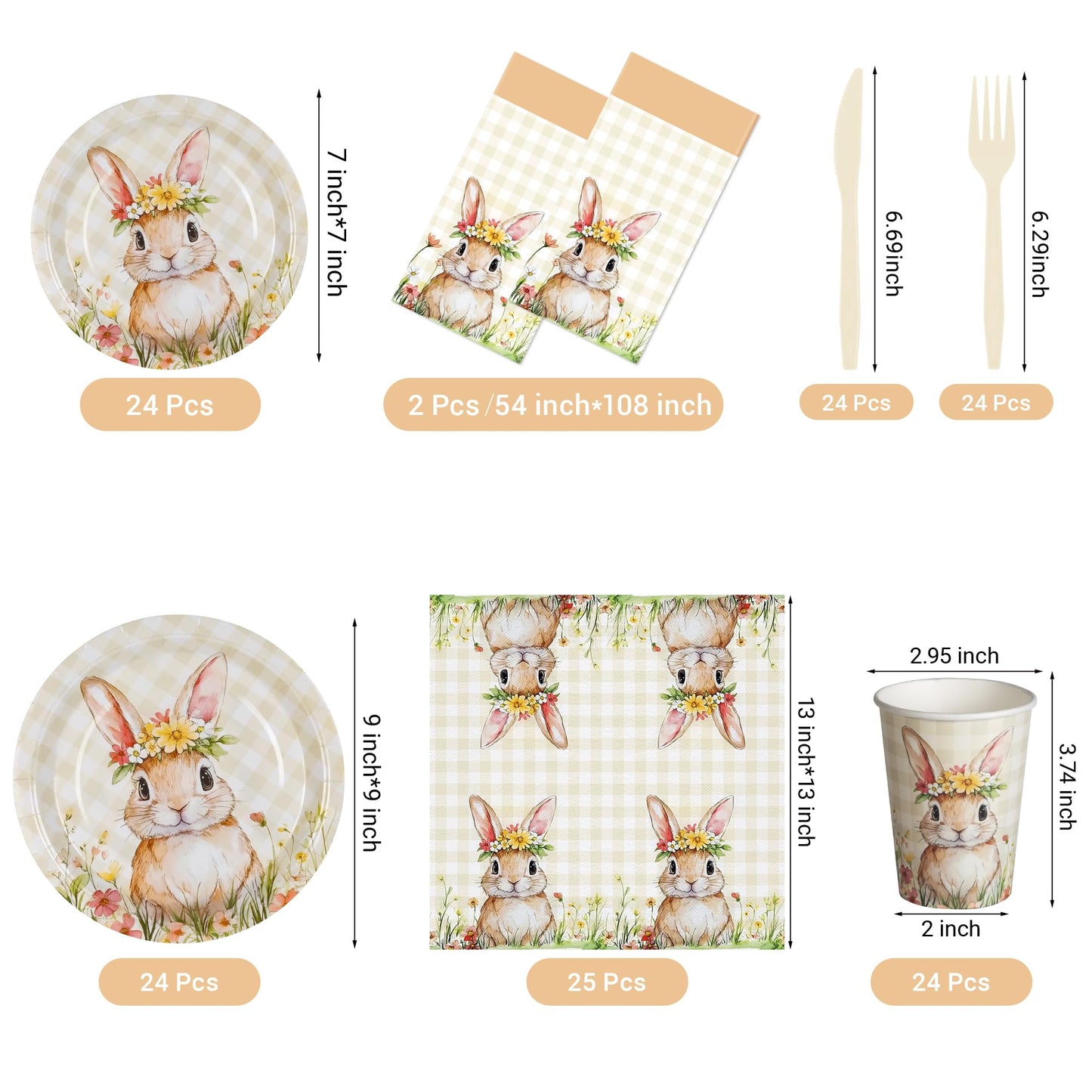 Childom Easter Party Supplies - 147 Pcs Bunny Themed Disposable Dinnerware Set with Tablecloths