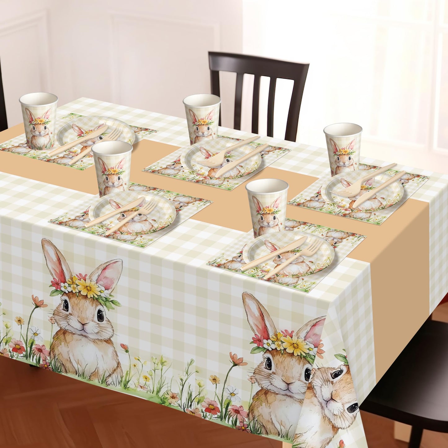 Childom Easter Party Supplies - 147 Pcs Bunny Themed Disposable Dinnerware Set with Tablecloths