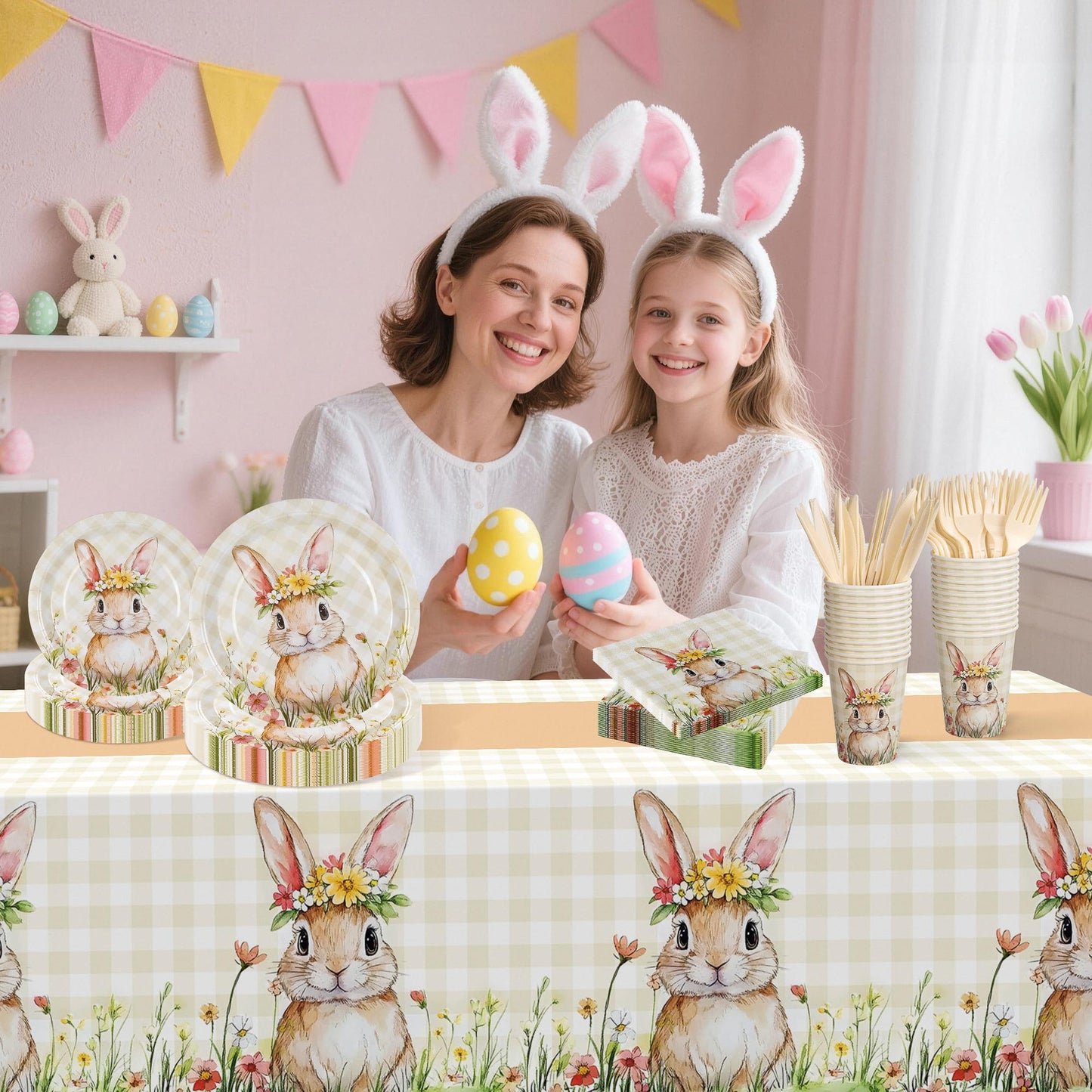 Childom Easter Party Supplies - 147 Pcs Bunny Themed Disposable Dinnerware Set with Tablecloths
