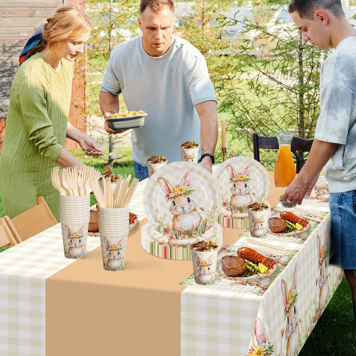 Childom Easter Party Supplies - 147 Pcs Bunny Themed Disposable Dinnerware Set with Tablecloths