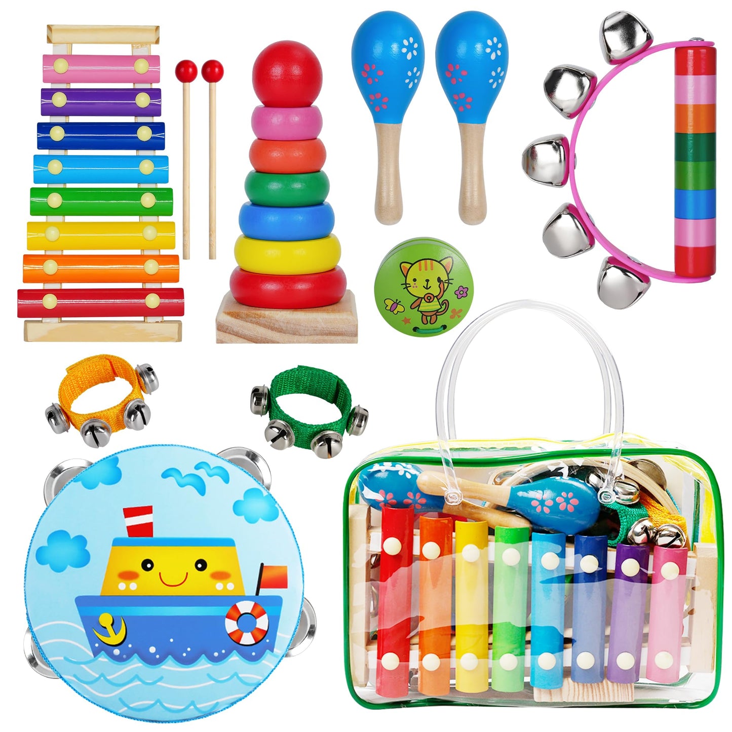 Childom Kids Musical Instruments for Toddlers – Colorful Wooden Percussion Set with Xylophone, Maracas & More
