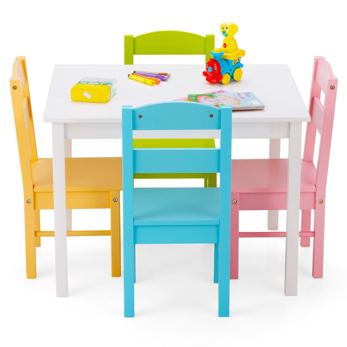 Children Wooden Table and 4 Chairs for Preschool Girls and Boys-Multicolor