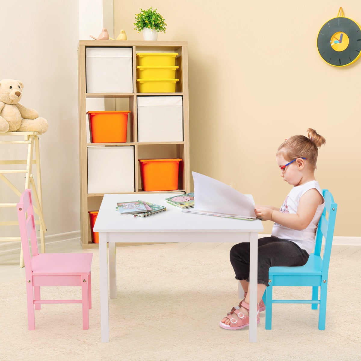 Children Wooden Table and 4 Chairs for Preschool Girls and Boys-Multicolor