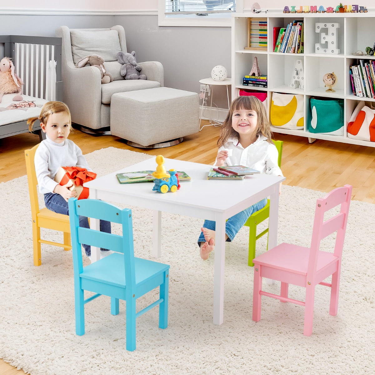Children Wooden Table and 4 Chairs for Preschool Girls and Boys-Multicolor