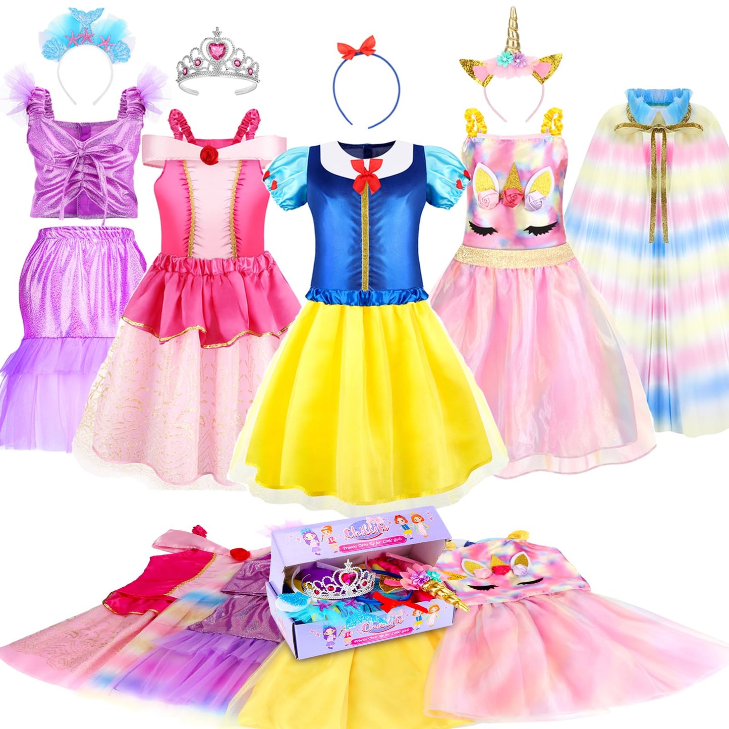 Chillife Princess Dress Up Set for Girls - 4 Themed Costumes for Ages 3-8