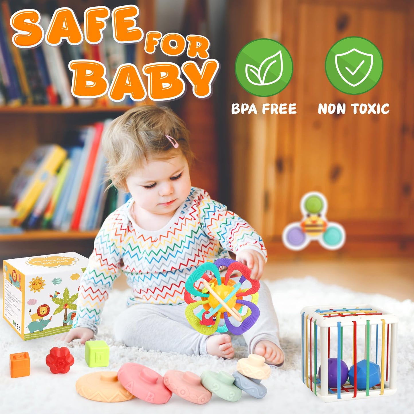 Chillife Montessori Baby Toys 6–12 Months | Safe Stacking Rings & Teether Spinner