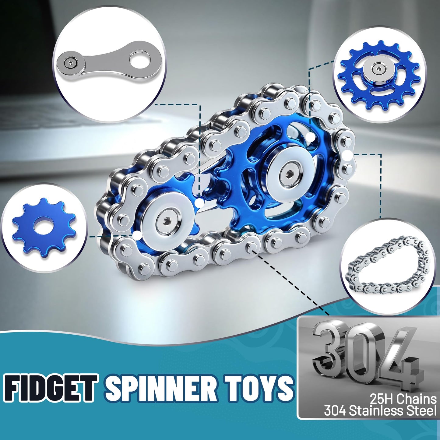 Chilvil Metal Fidget Spinner – Blue Stainless Steel EDC Toy for Adults & Teens