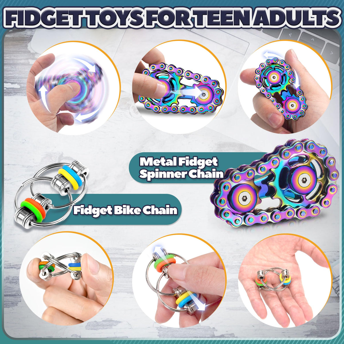 Chilvil 8Pcs Fidget Toys Pack – Metal Spinner, Spiky Rings & Chain Gadgets for Focus