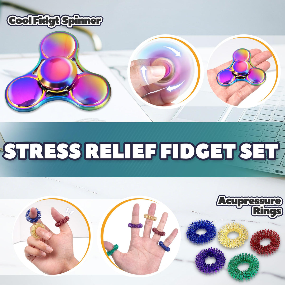 Chilvil 8Pcs Fidget Toys Pack – Metal Spinner, Spiky Rings & Chain Gadgets for Focus