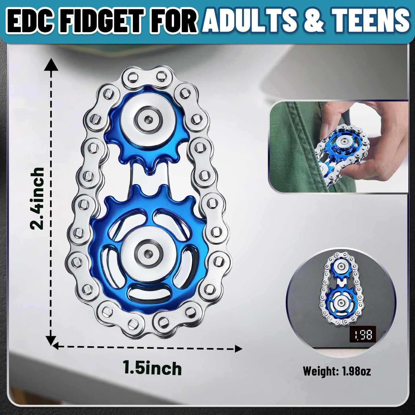 Chilvil Metal Fidget Spinner – Blue Stainless Steel EDC Toy for Adults & Teens