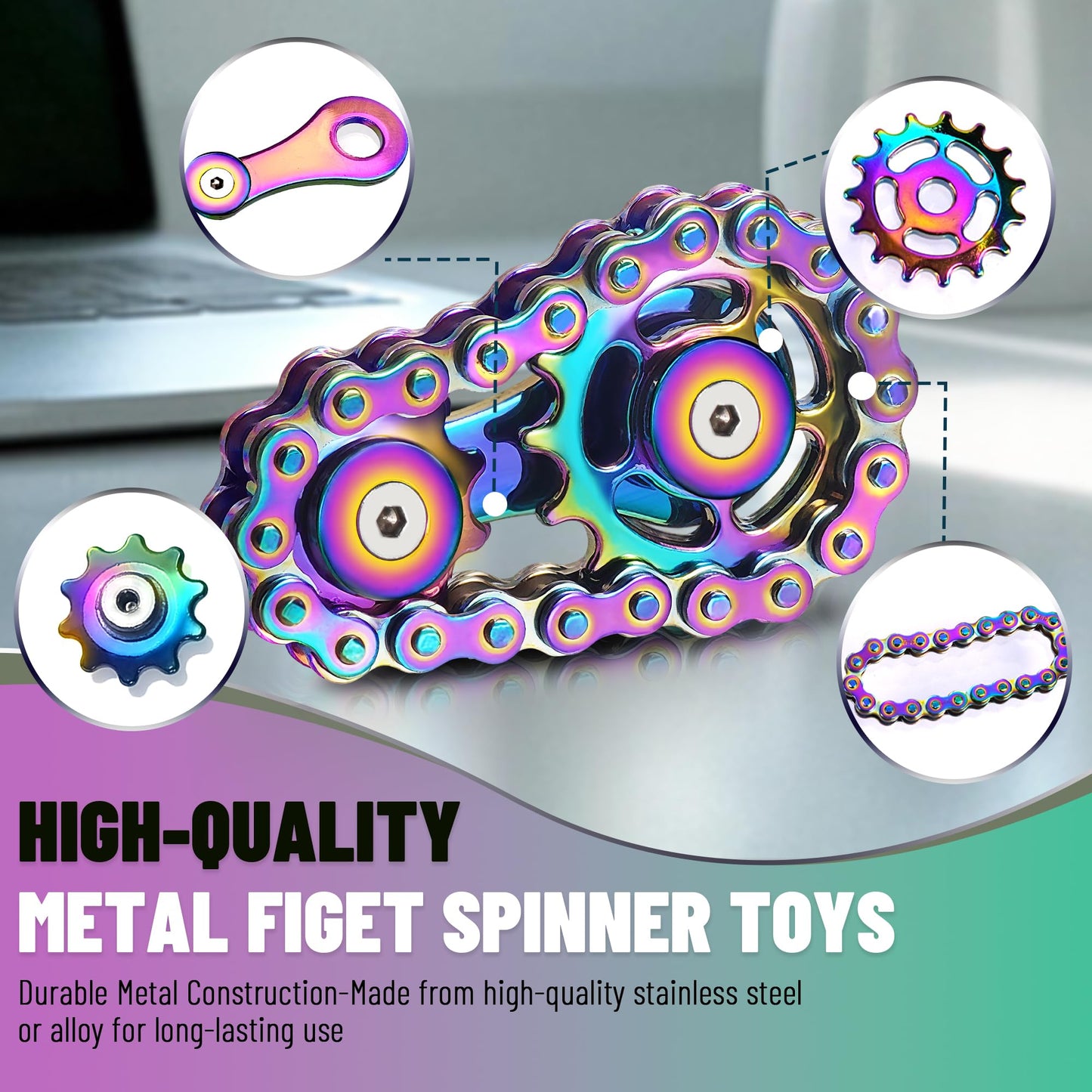 Chilvil Rainbow-Silver Metal Fidget Spinner — Stainless Steel Desk Gadget & EDC Toy