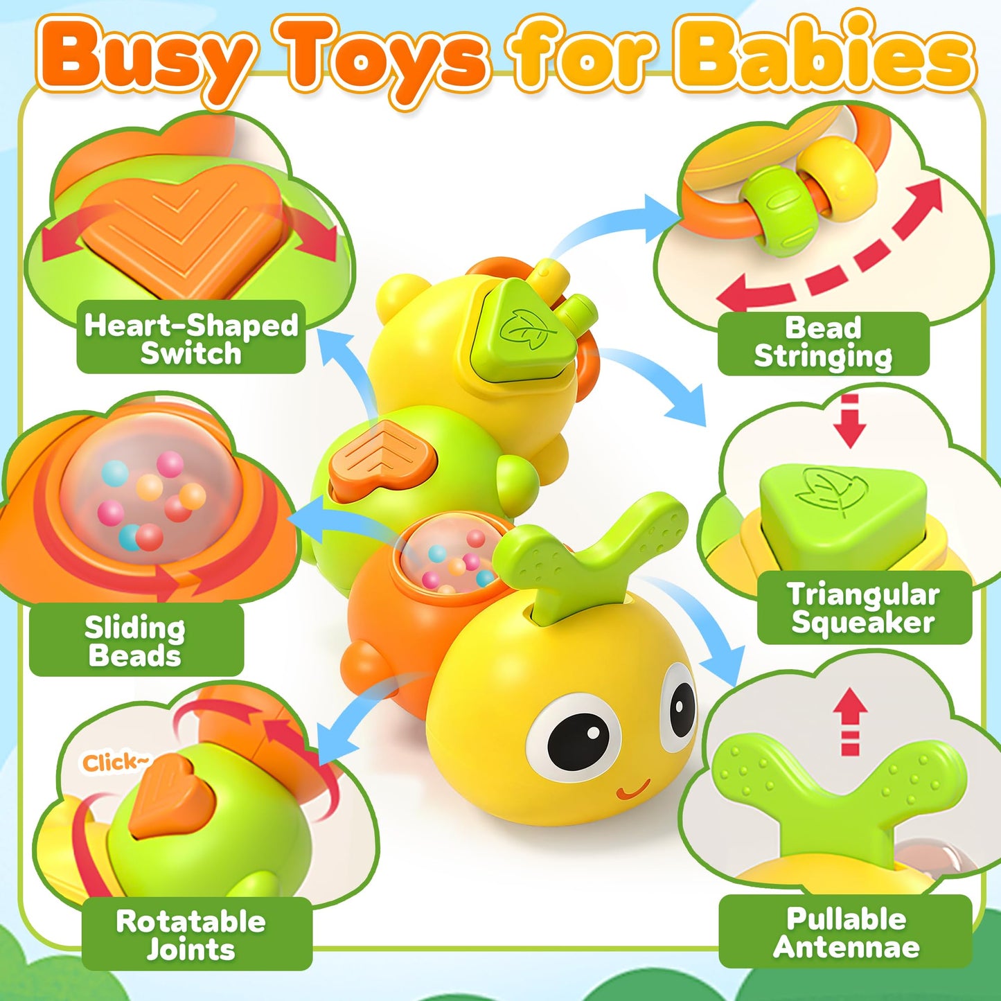 Chilvil Montessori Caterpillar Busy Board — Sensory Toy for Babies 12-18 Months & Travel-Friendly 6-Activity Toy