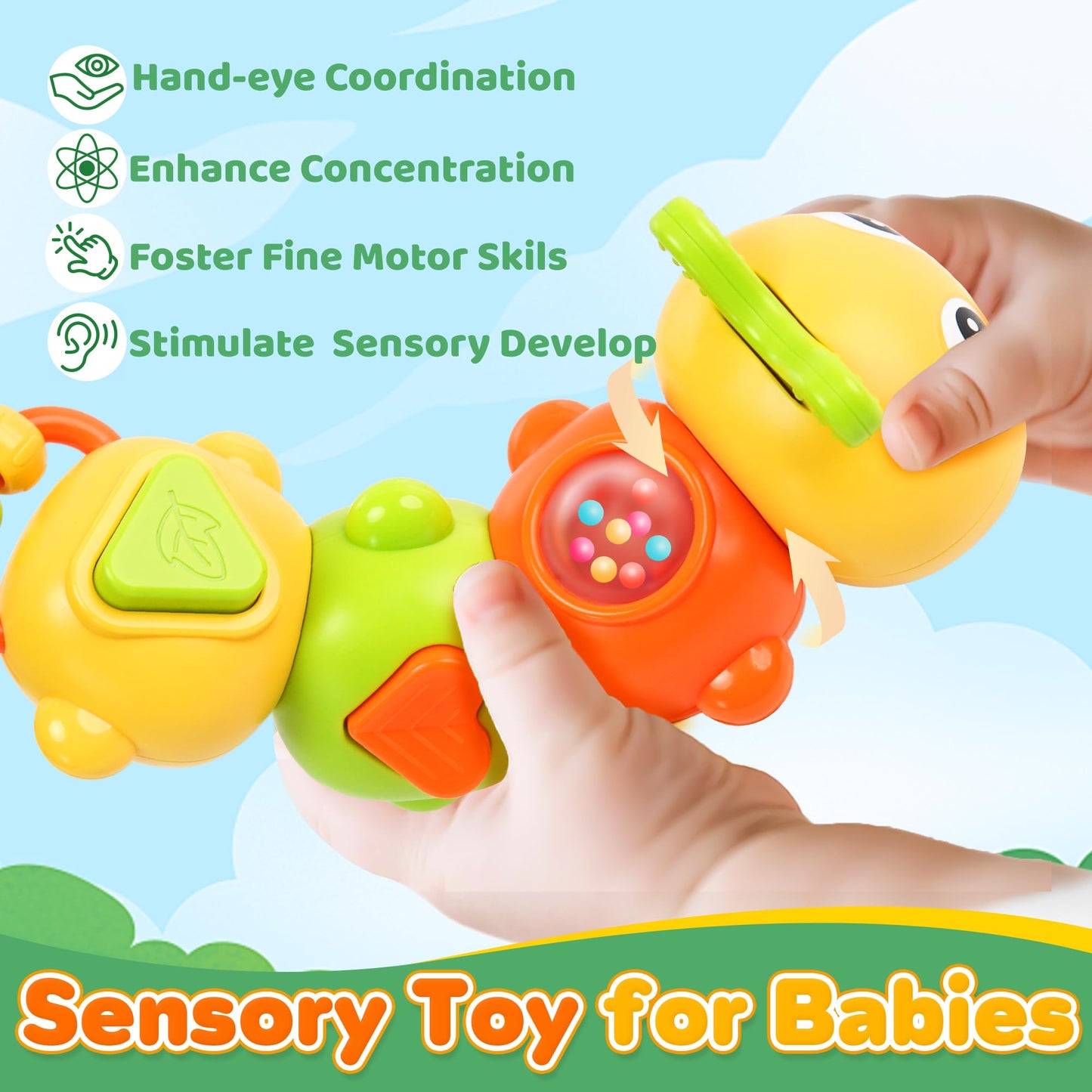 Chilvil Montessori Caterpillar Busy Board — Sensory Toy for Babies 12-18 Months & Travel-Friendly 6-Activity Toy
