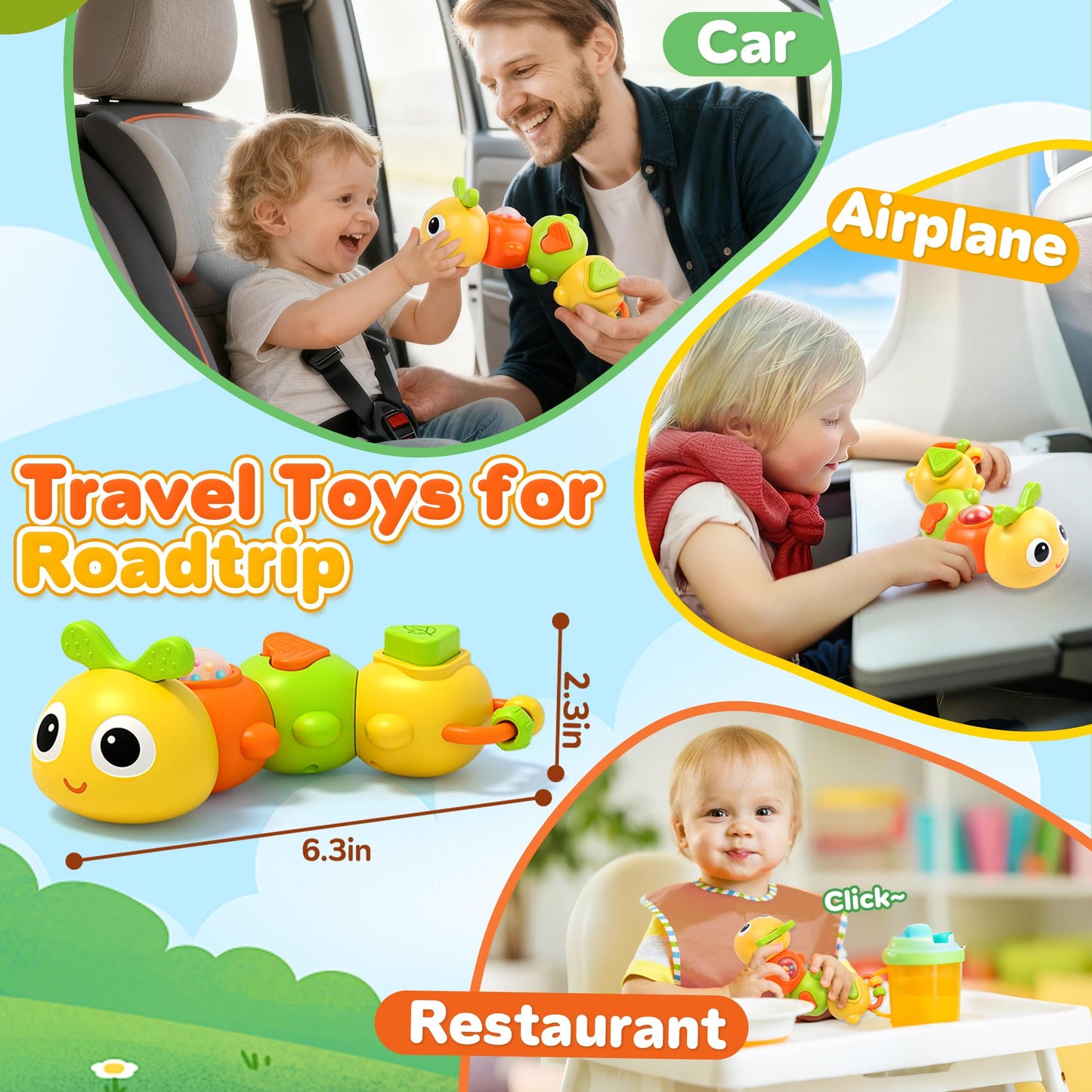 Chilvil Montessori Caterpillar Busy Board — Sensory Toy for Babies 12-18 Months & Travel-Friendly 6-Activity Toy