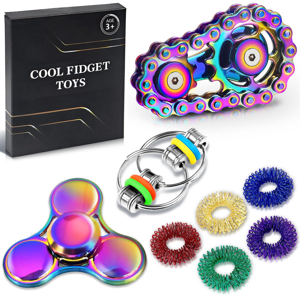 Chilvil 8Pcs Fidget Toys Pack – Metal Spinner, Spiky Rings & Chain Gadgets for Focus