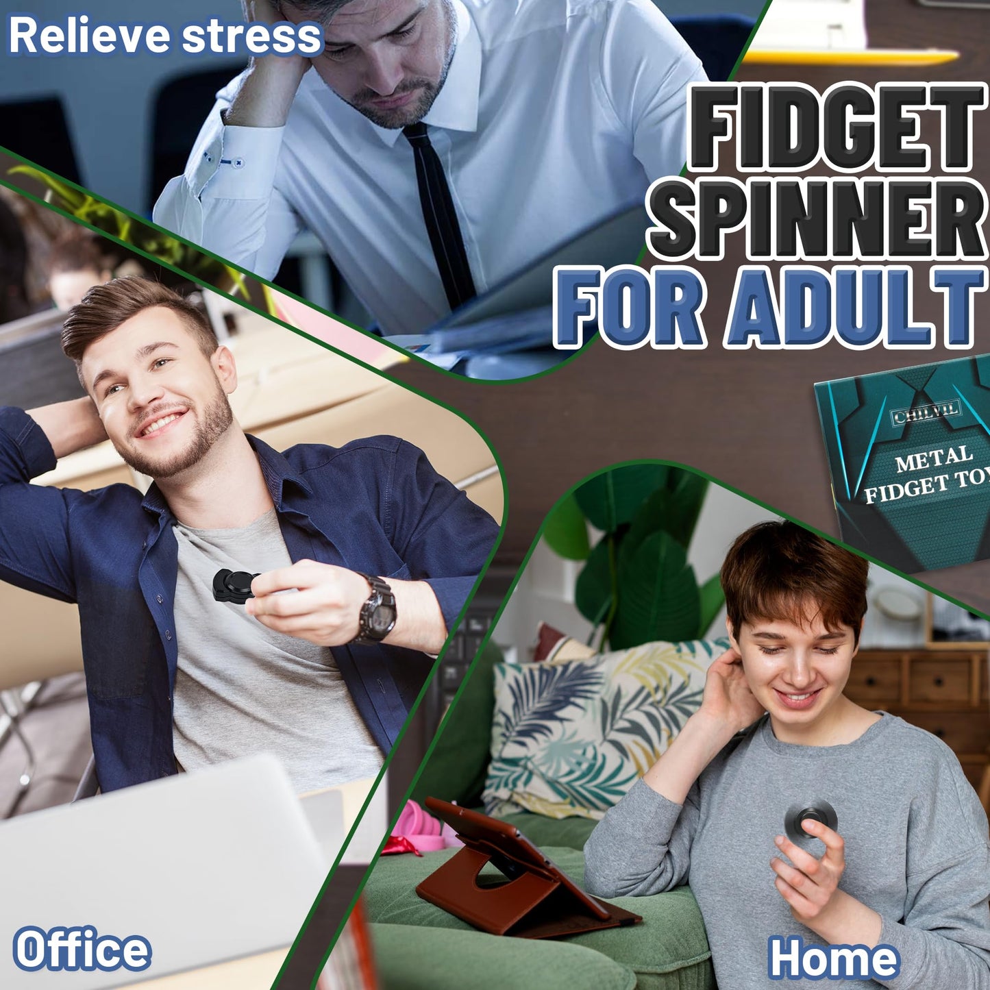 Chilvil 3-in-1 Fidget Spinner: Magnetic Slider, Clicker & Spinner for Office, Travel, and Gift — Silver