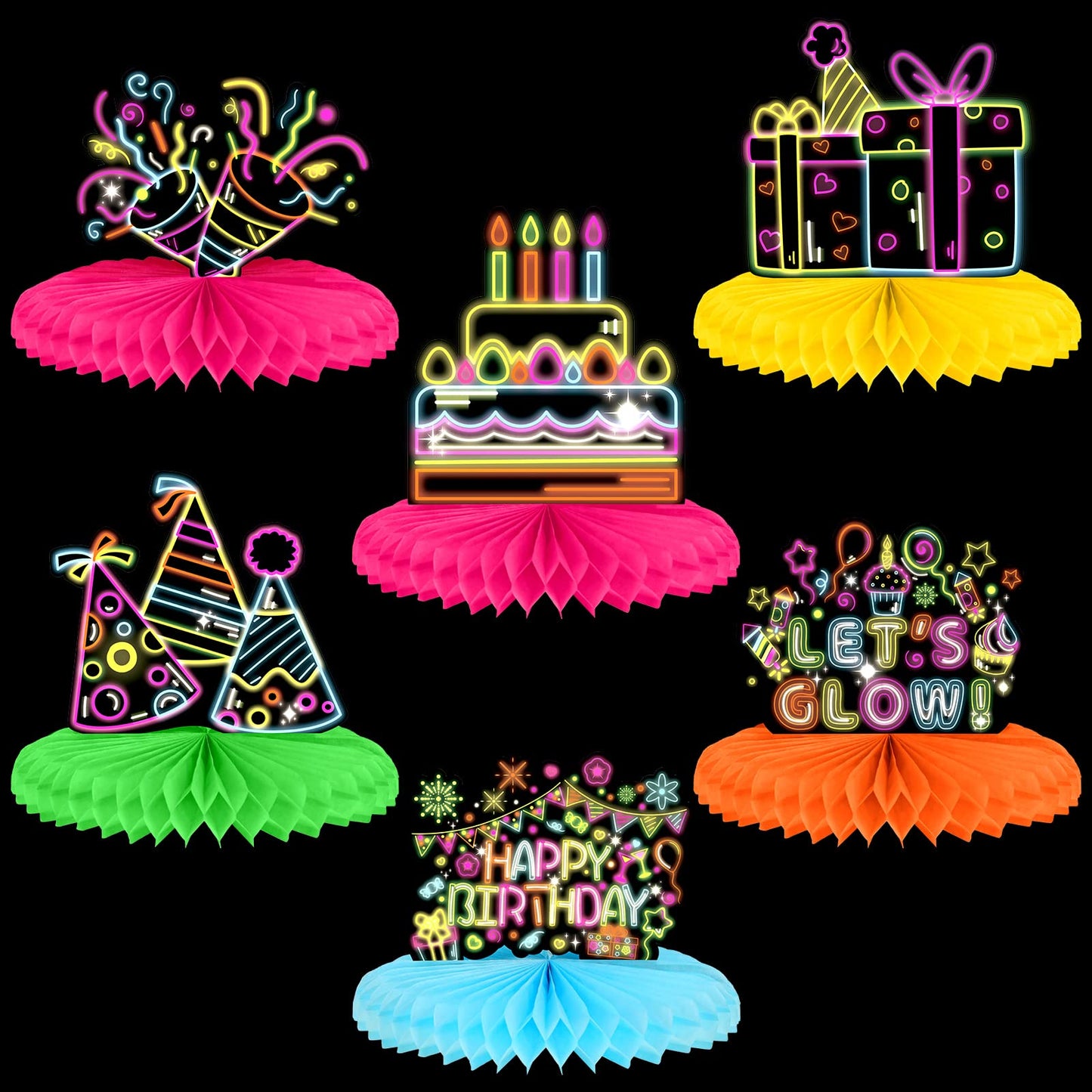 Chinco 6 Pcs Glow Party Centerpieces – Neon Honeycomb Table Decor