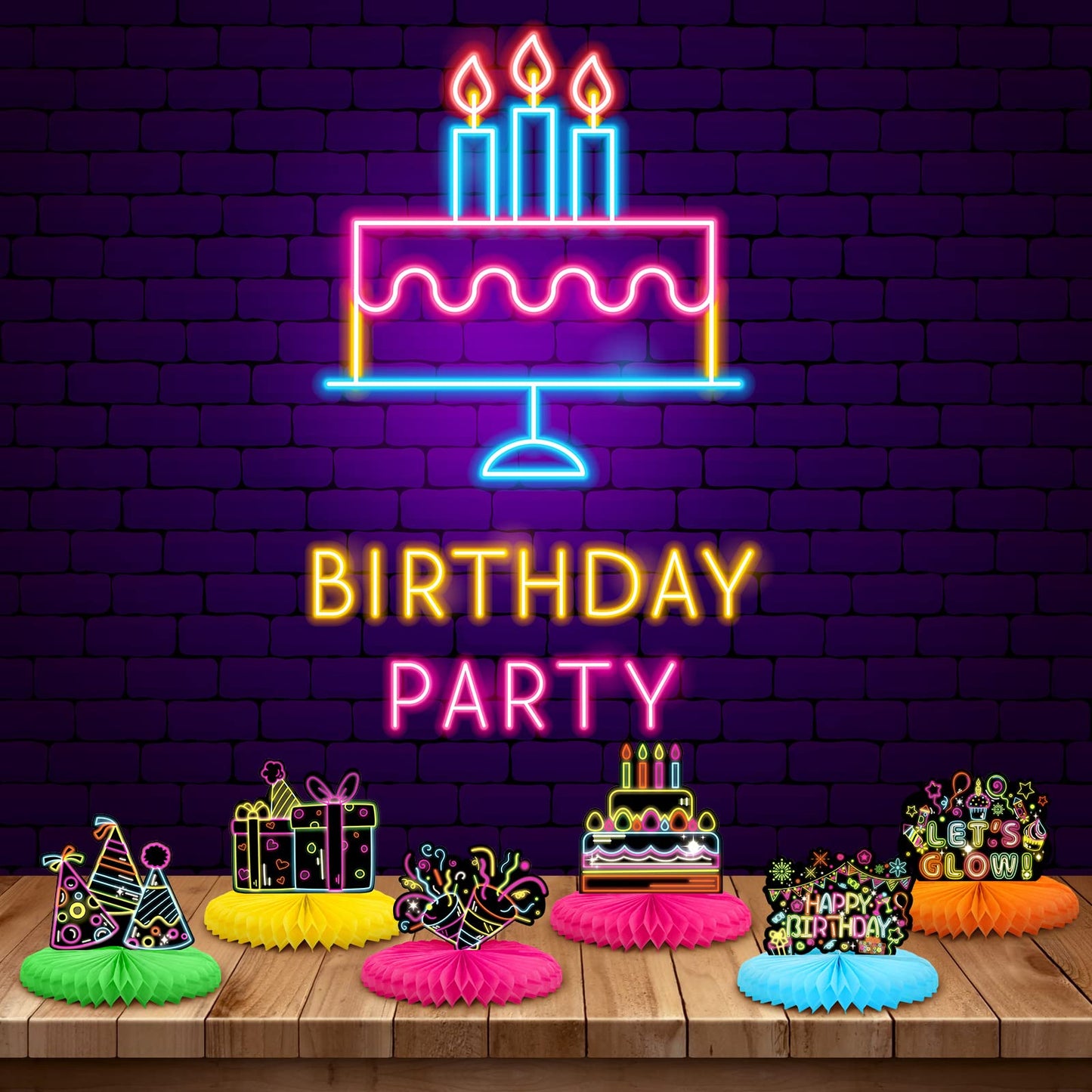 Chinco 6 Pcs Glow Party Centerpieces – Neon Honeycomb Table Decor
