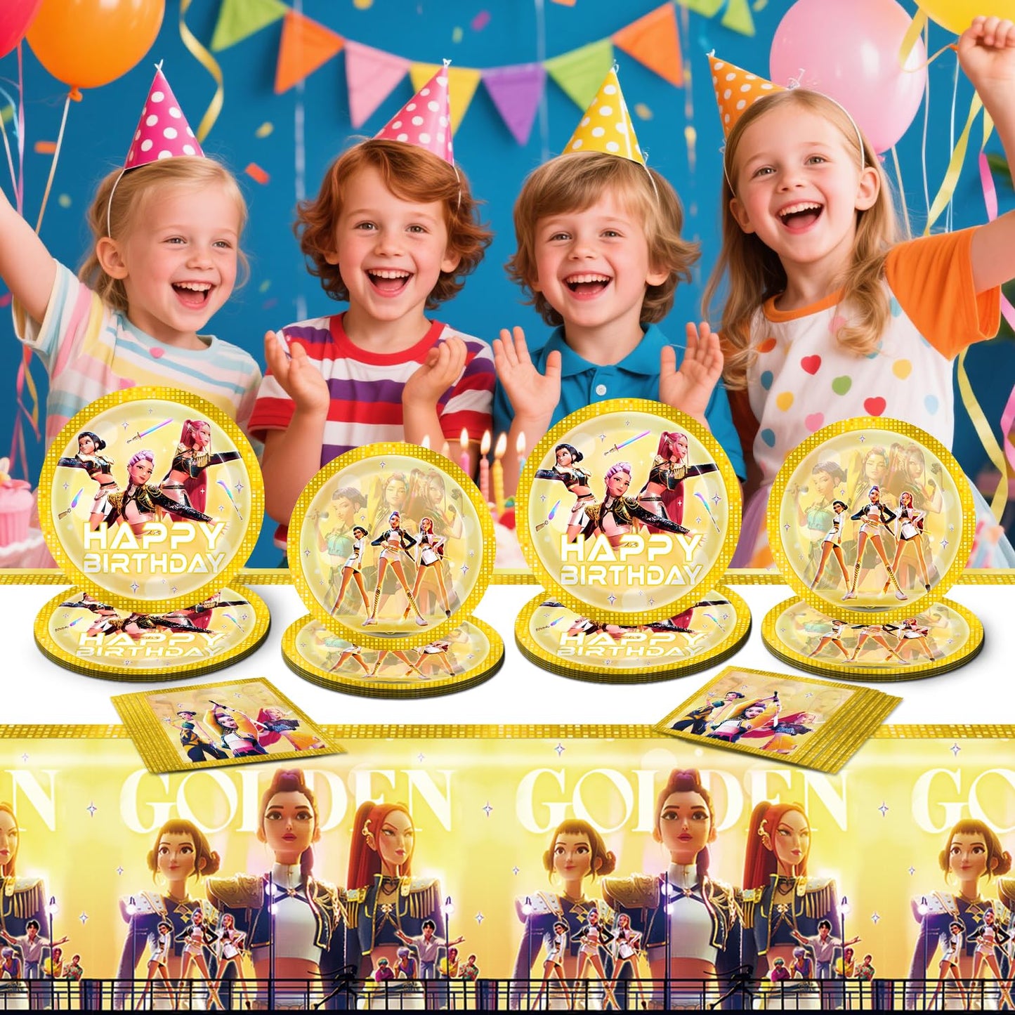 Chinovi Demon Hunters Birthday Decorations – 20 Plates, 20 Napkins & 1 Table Cover | K-Pop Party Supplies
