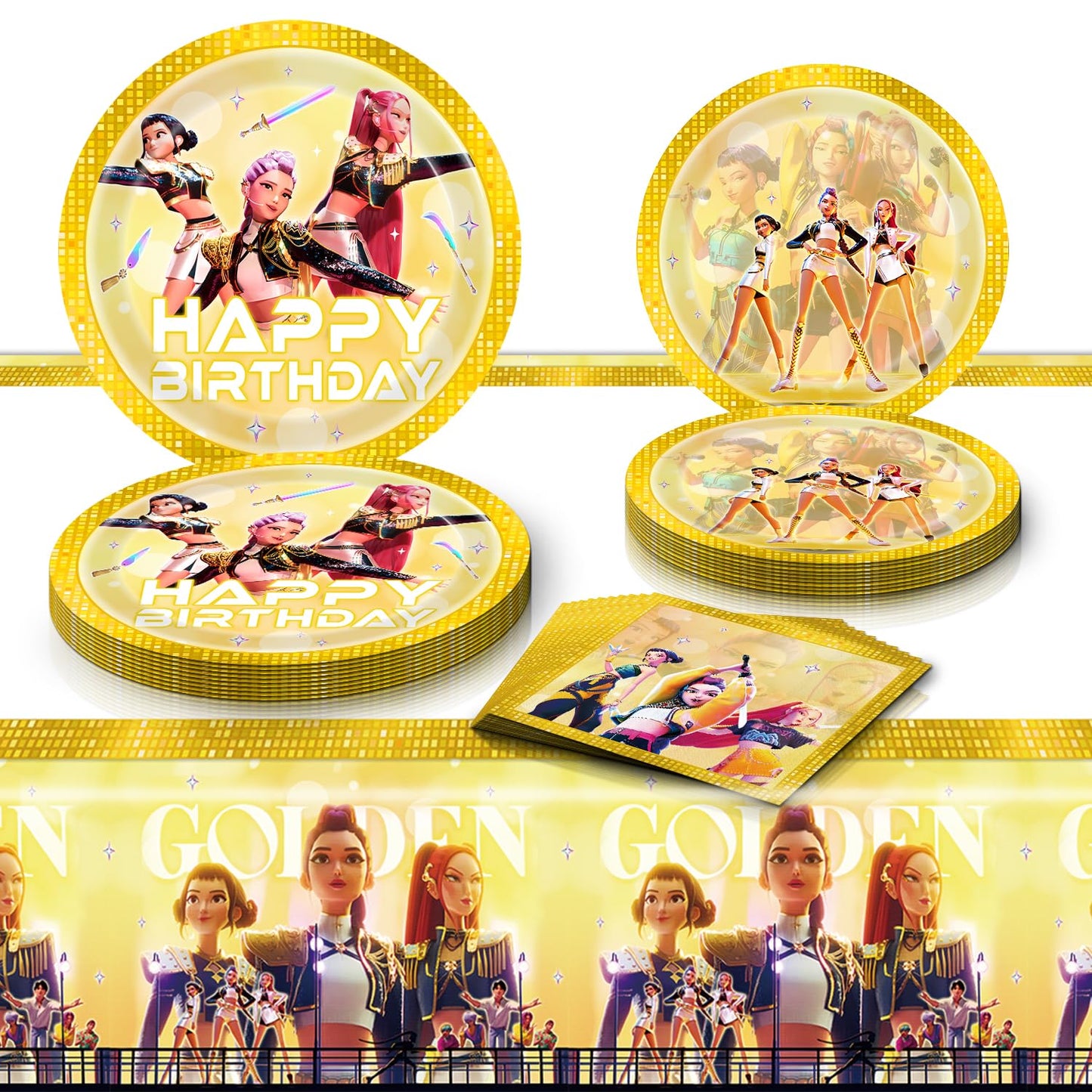 Chinovi Demon Hunters Birthday Decorations – 20 Plates, 20 Napkins & 1 Table Cover | K-Pop Party Supplies