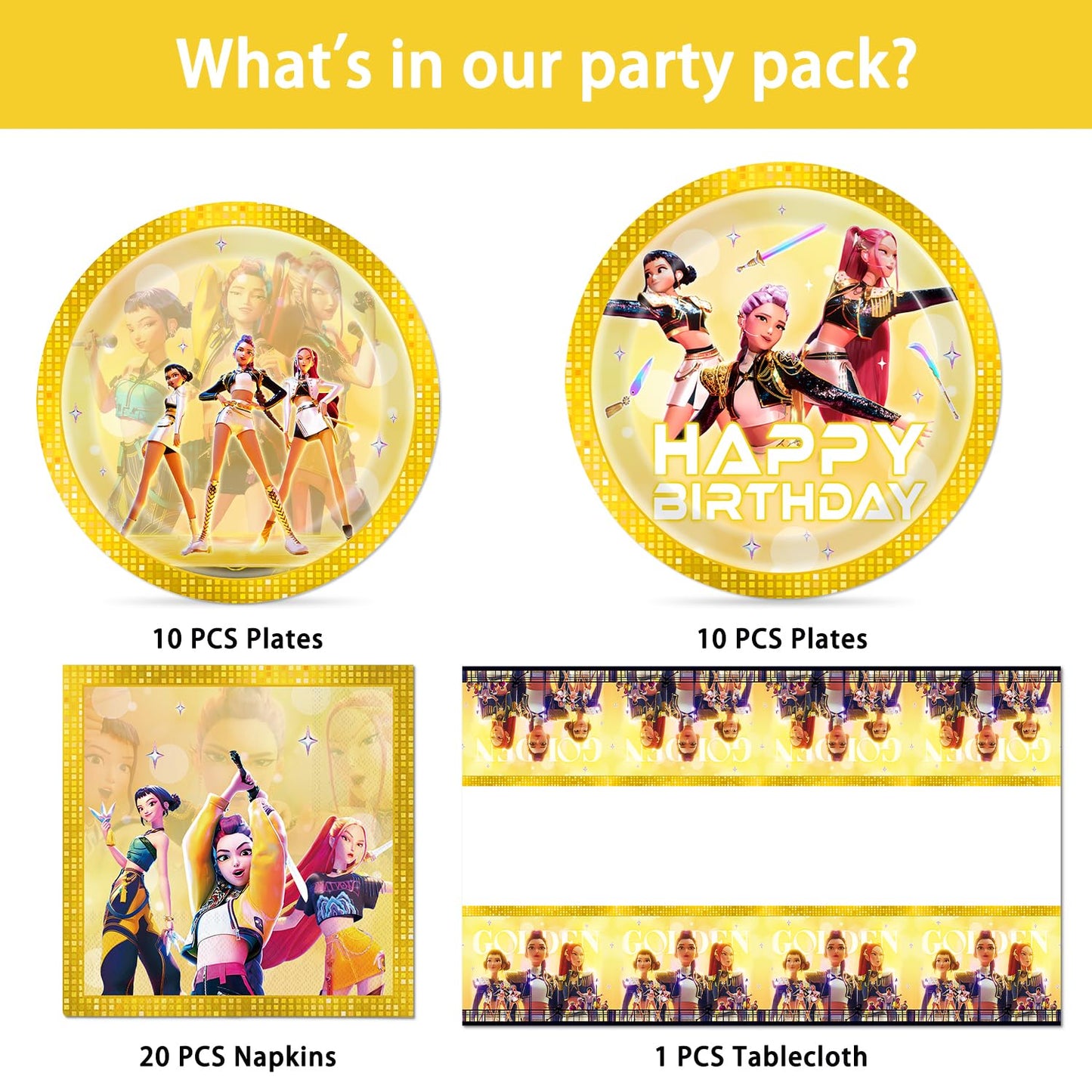 Chinovi Demon Hunters Birthday Decorations – 20 Plates, 20 Napkins & 1 Table Cover | K-Pop Party Supplies