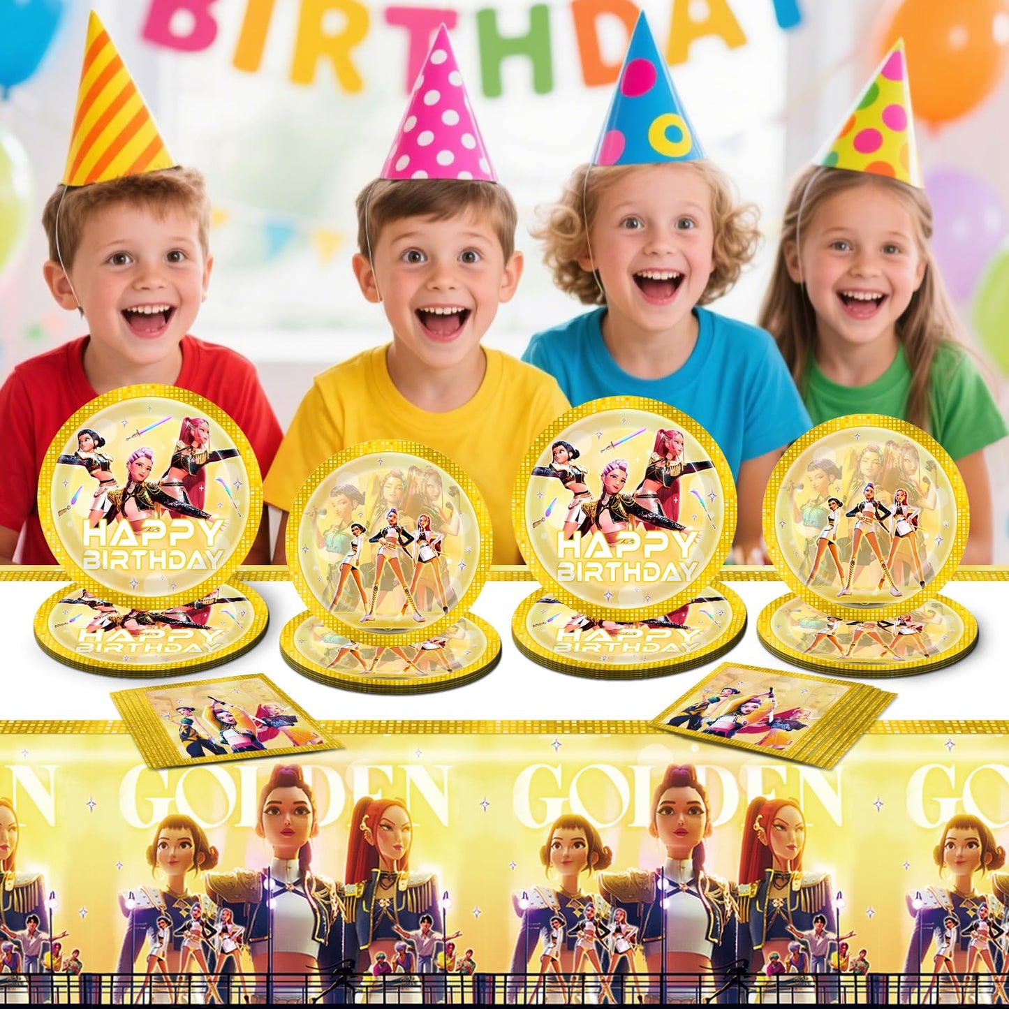Chinovi Demon Hunters Birthday Decorations – 20 Plates, 20 Napkins & 1 Table Cover | K-Pop Party Supplies