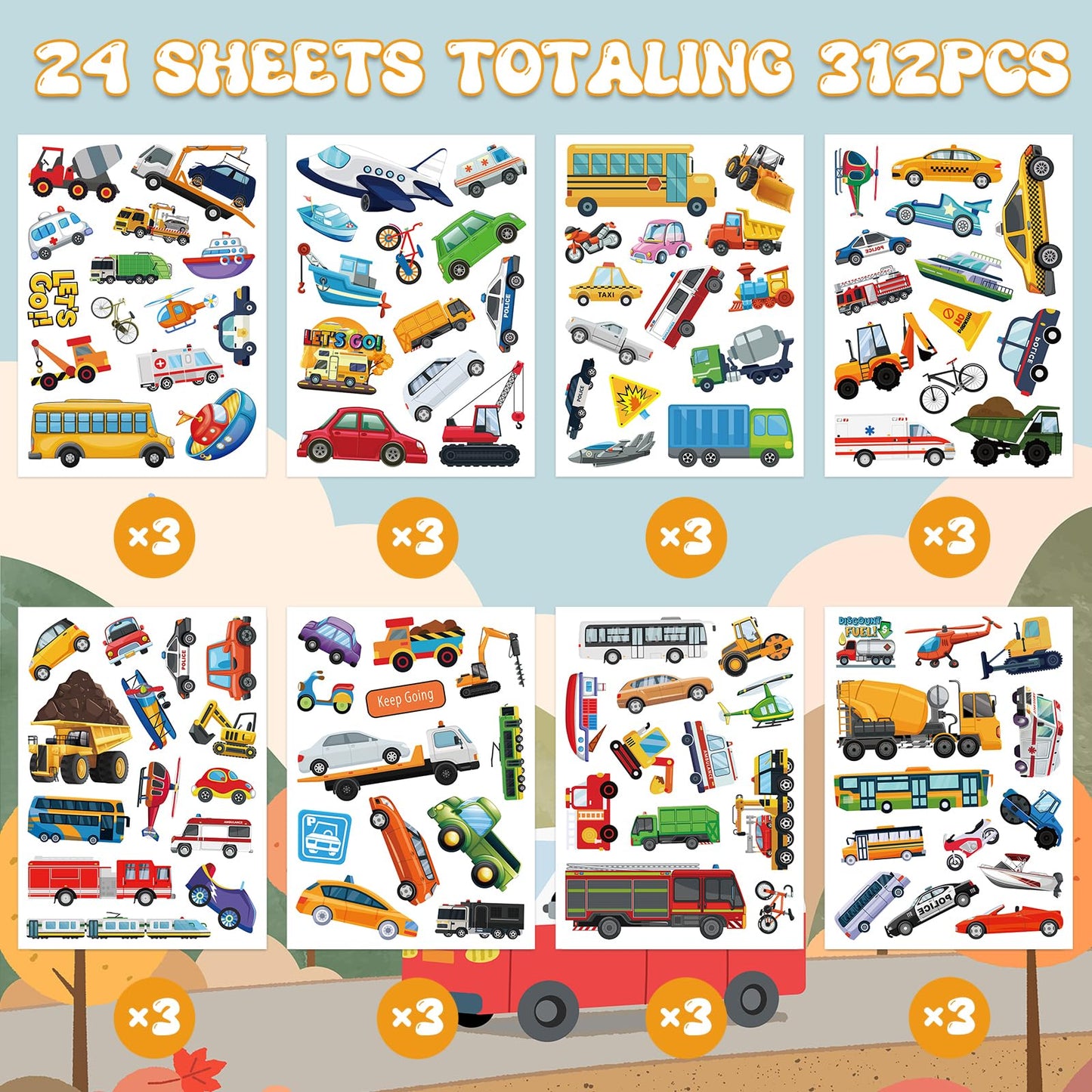 Chinyuti 312Pcs Transportation Stickers – Cute Car & Truck Decals