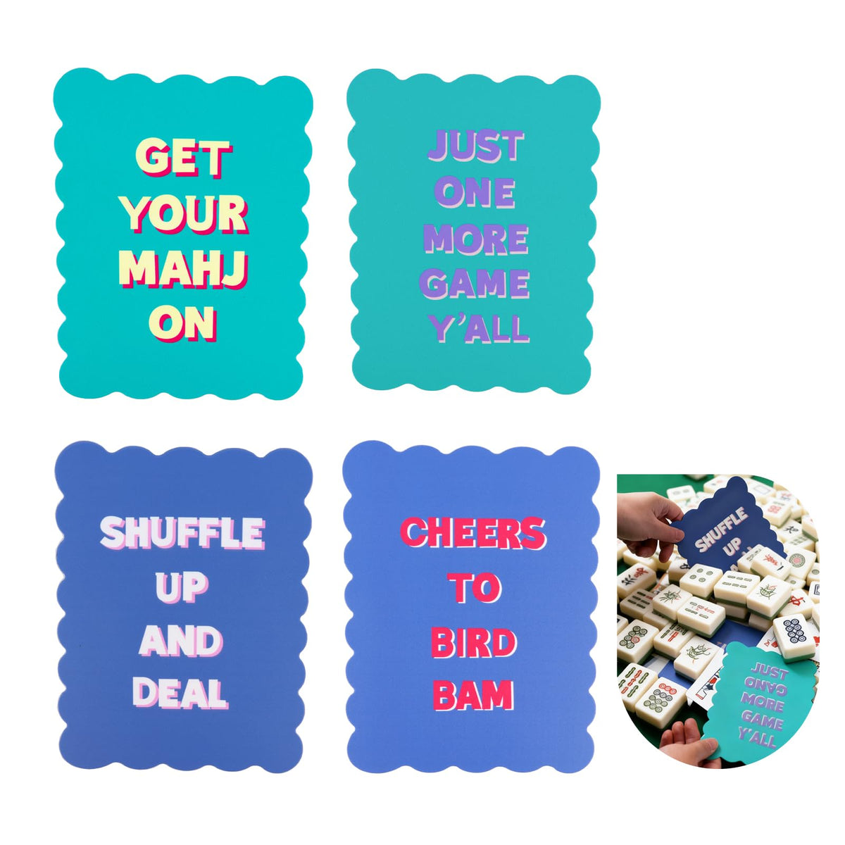 Chiplesier 4-Pack Mahjong Shuffler Cards – PVC, Wavy Edge & Printed Design (Green & Blue)